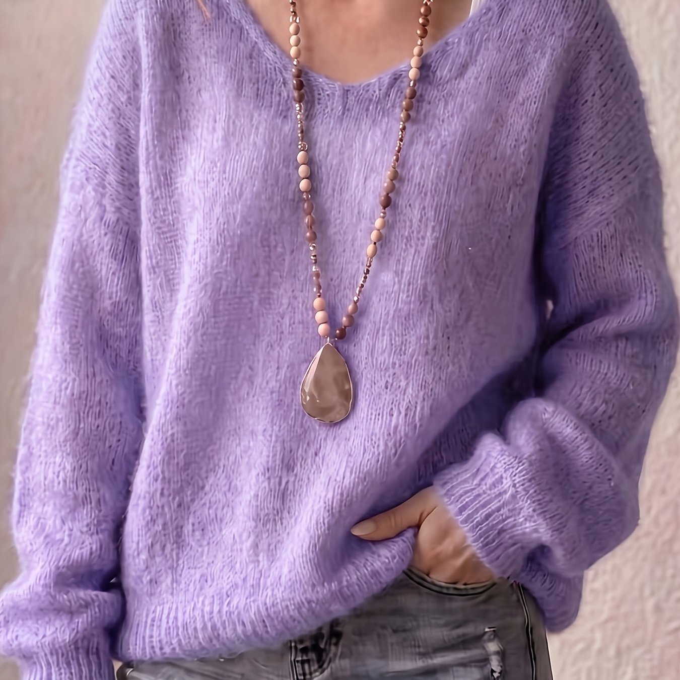 TEMU Deep V-neck Fleece Sweater Top Women's French Casual Hollow Soft Semi-sheer Solid Color Loose Versatile Blouse Women