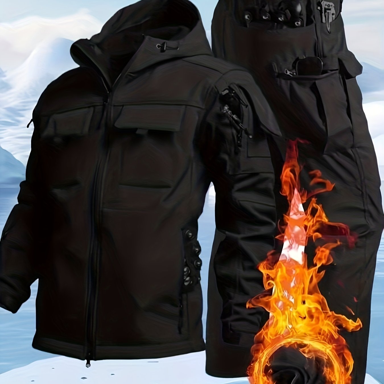 Men's Windproof Hooded Jacket & Insulated Cargo Pants Set