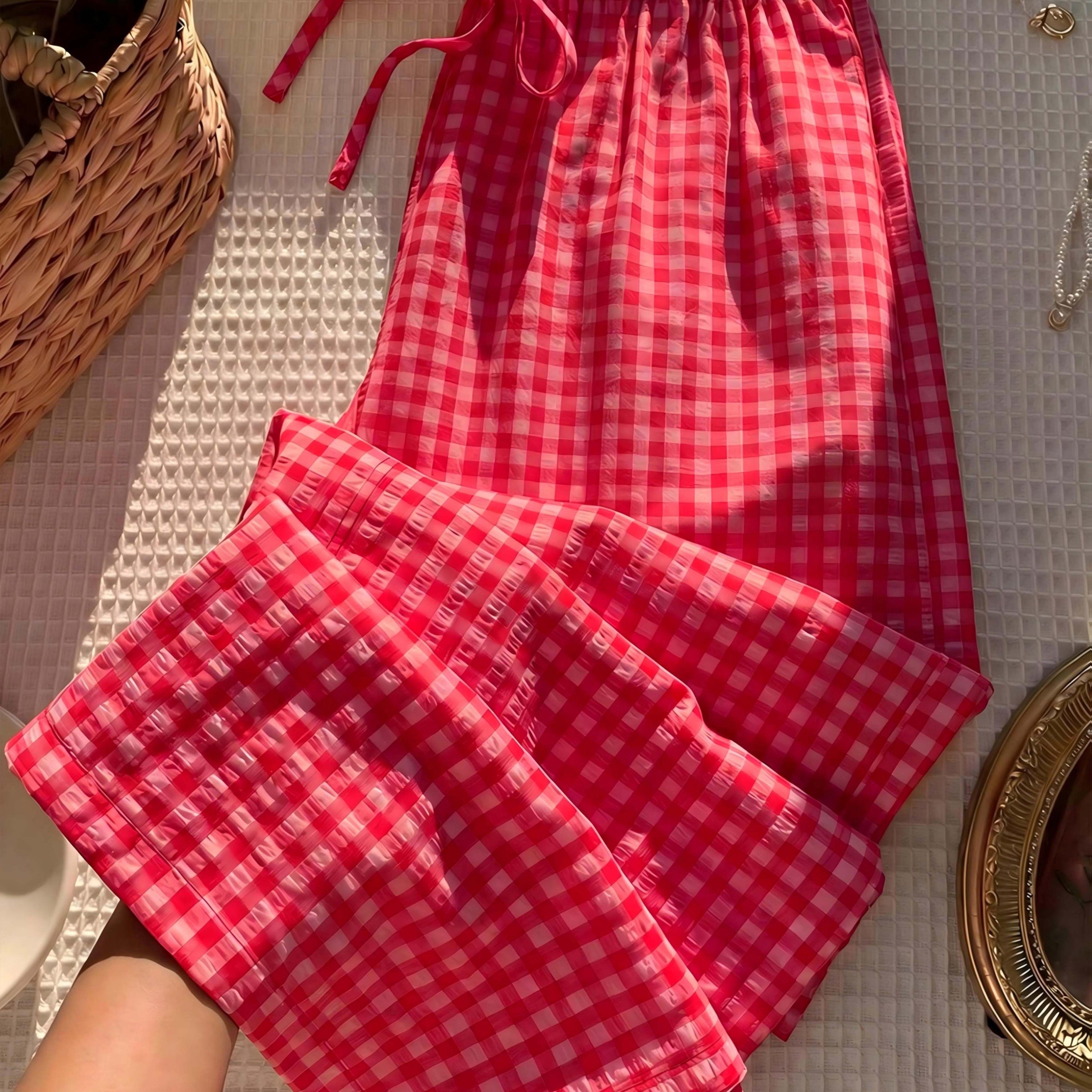 TEMU Pink Gingham Wide-leg Pants, Women's Casual Loose-fit Trousers, Comfortable Summer Pants, Festive Christmas Red