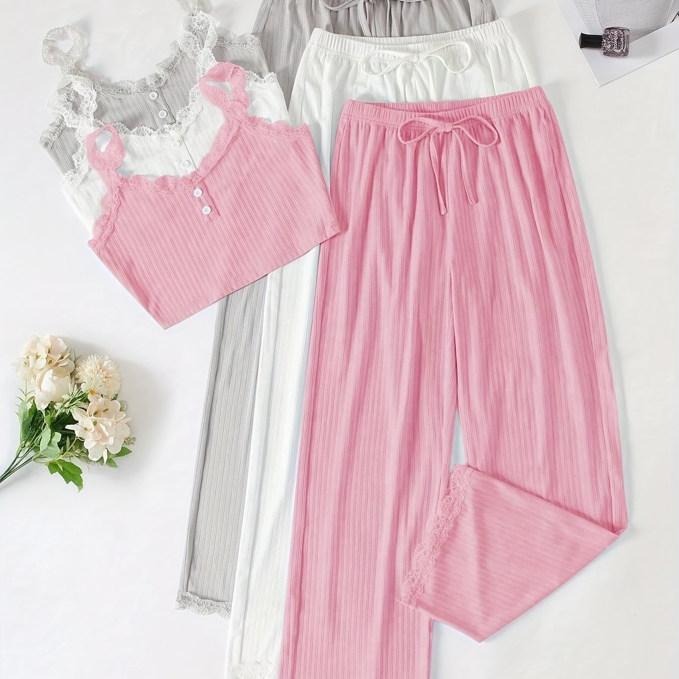 Spring/summer New Women's Bow-decorated Solid Color Lace Camisole Pants Set, 3-color 6pcs Set