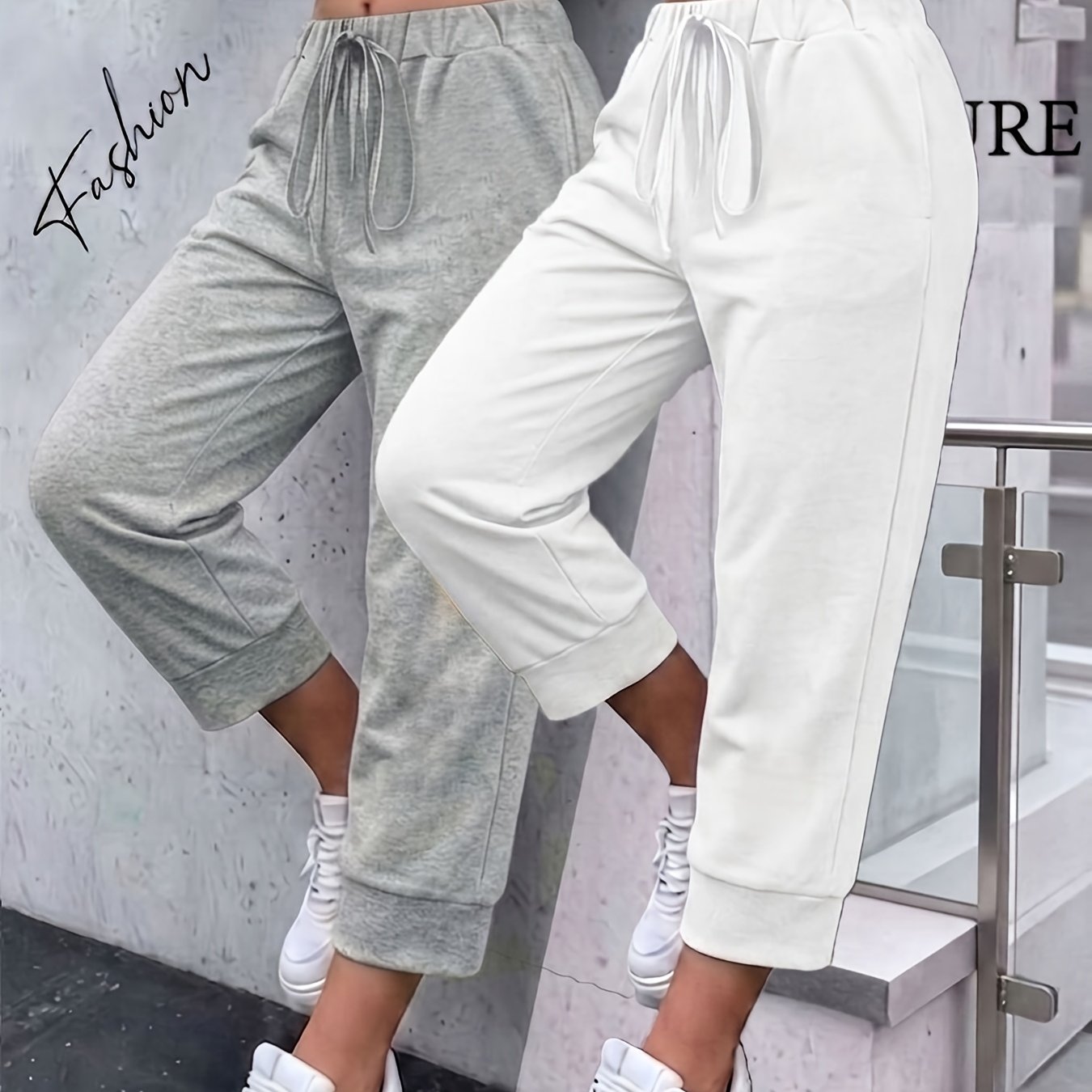 TEMU Women's Cropped Sweatpants With Drawstring Elastic Waist, Loose-fit Casual Y Everyday Pants, 2pcs