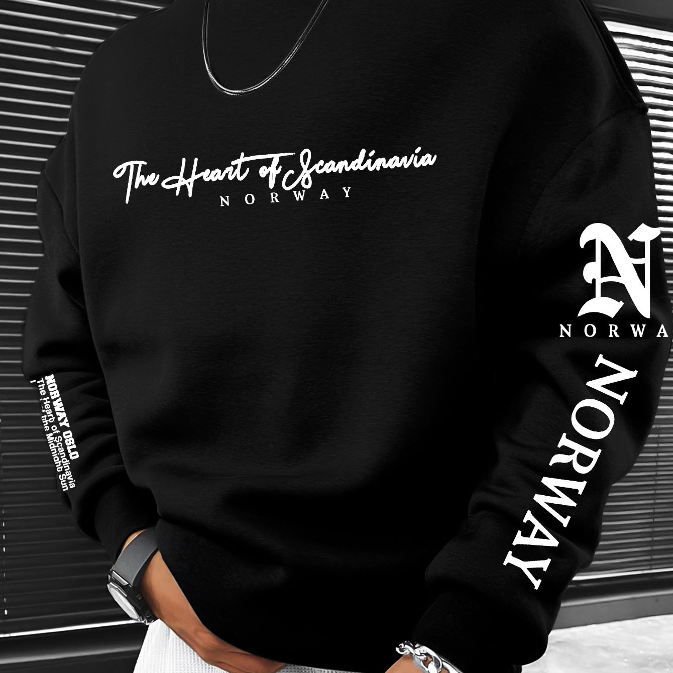 E-shop Herren-Sweatshirt im norwegischen Kultur-Stil mit Rundhalsausschnitt „Das Herz Skandinaviens NORWEGEN“-Aufdruck, für Freizeitkleidung