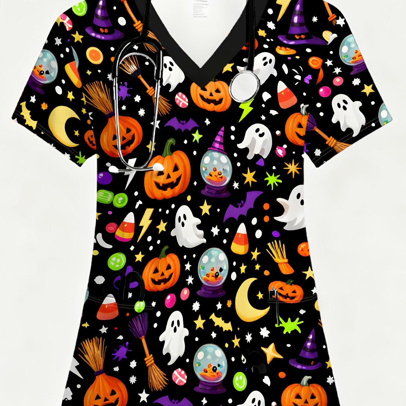 TEMU A Halloween Nurse Uniform For Women, Print, , 2 Pockets, V-neck, Halloween Full Print Nurse Uniform Fabric Pattern Pumpkin Hat Crystal Ball