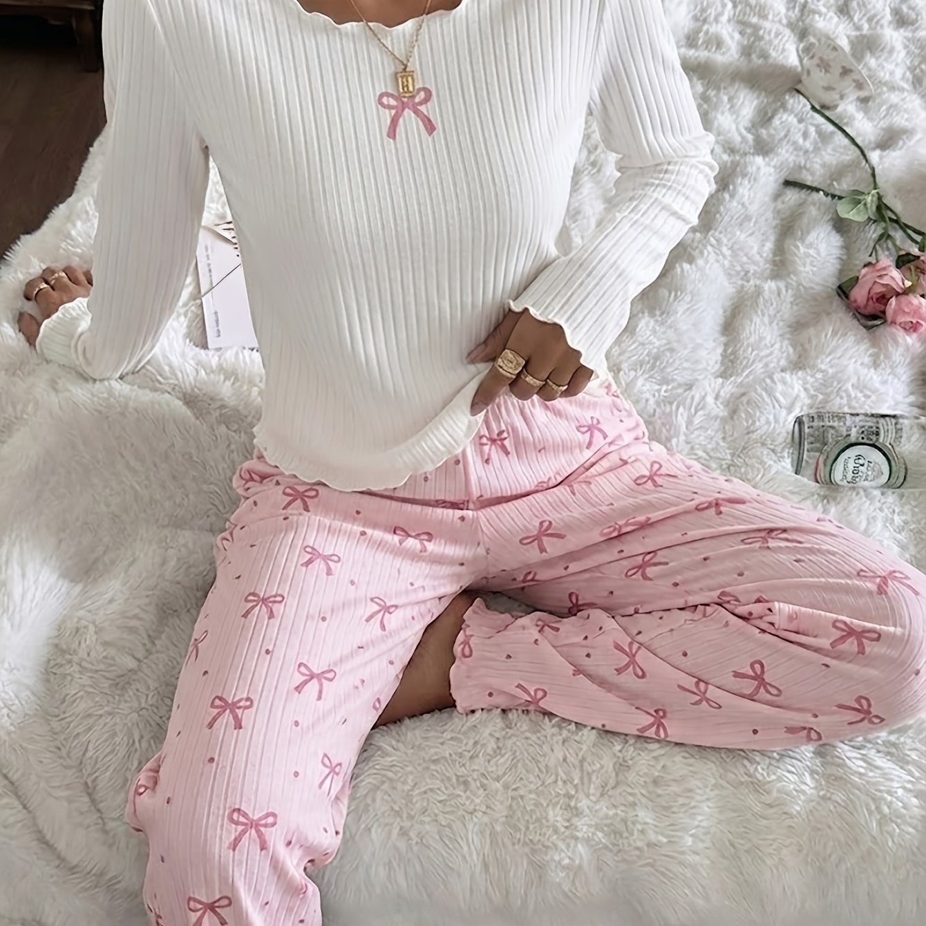 TEMU 2026 Fall Winter Women's 2pcs Premium Ribbed Pajamas, Girly Ins Crew Neck Long Sleeve Bow Print Top, Waist Lounge Pants, Valentine's New Year