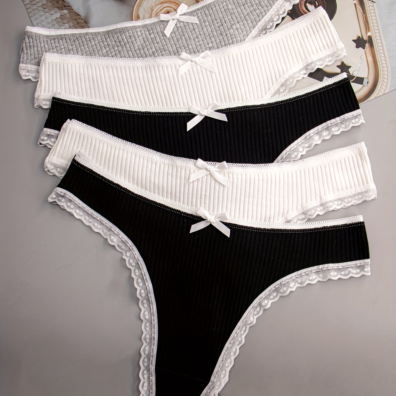 5pcs Women's High-stretch Ribbed Sweet Bow Lace Trim Thong Panties For Added Charm