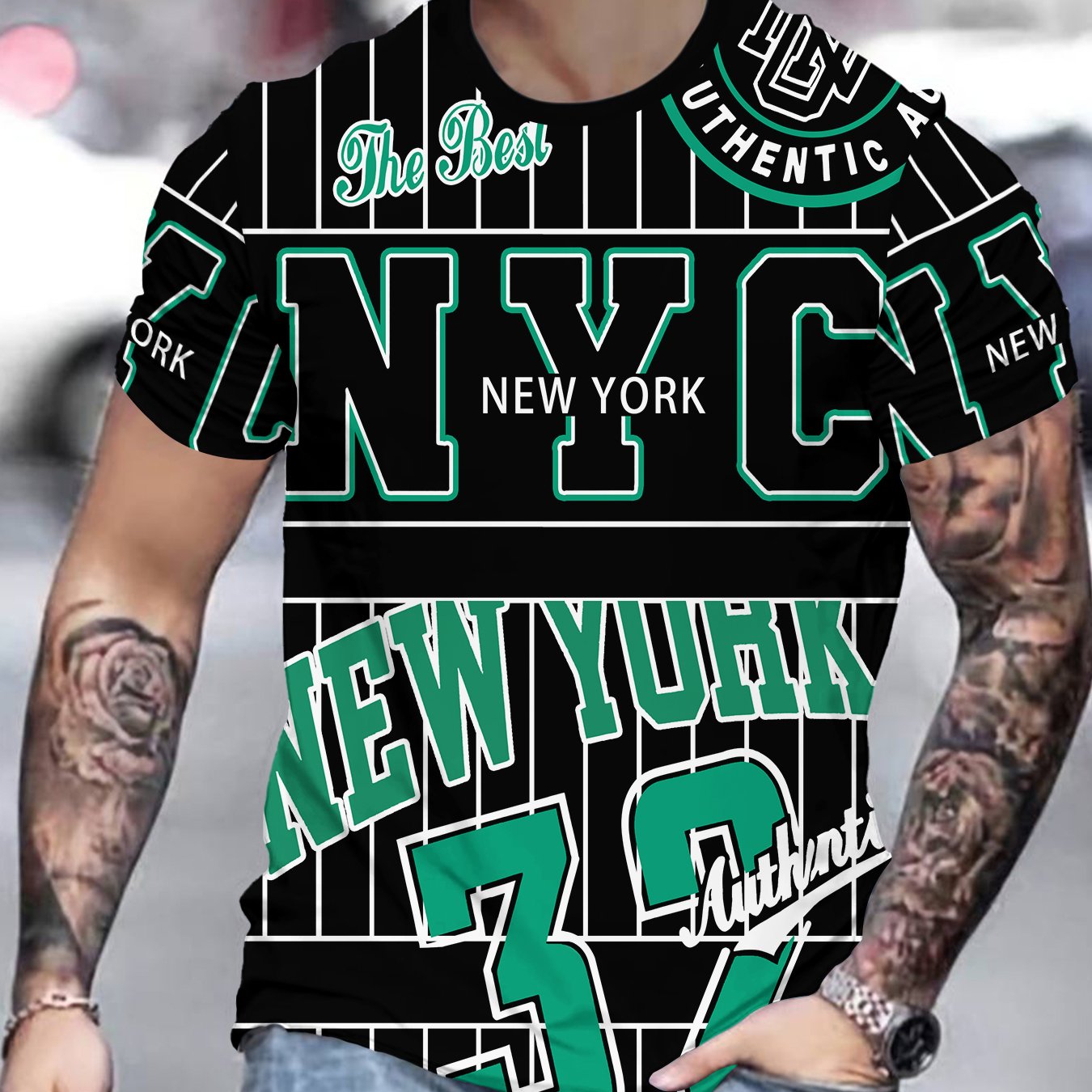 TEMU Black And Green Color- Ny Themed T-shirt With A Baseball Style, Featuring A Full Print Of Numbers For Men's Casual Short Sleeves