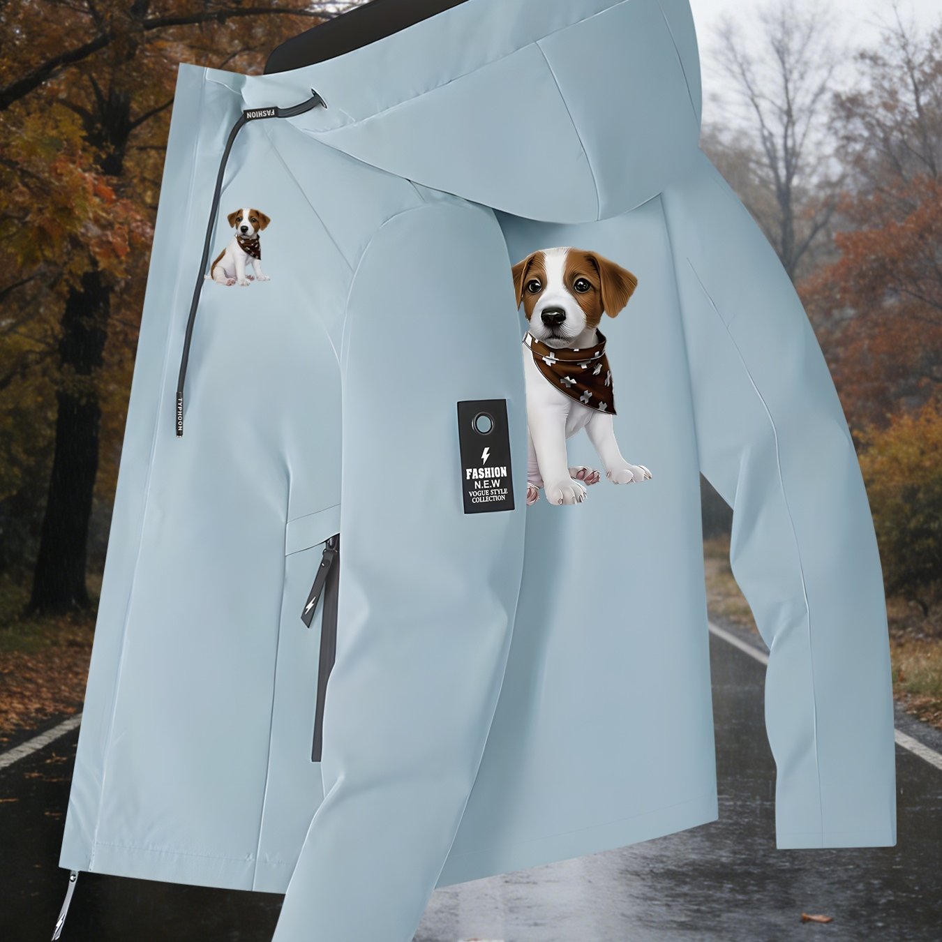 TEMU Ladies' Jacket | Terrier Puppy, Brown And White, Cross-pattern Triangle Scarf Print, Long-sleeve Zippered Pockets, Hooded, Lightweight Warm,