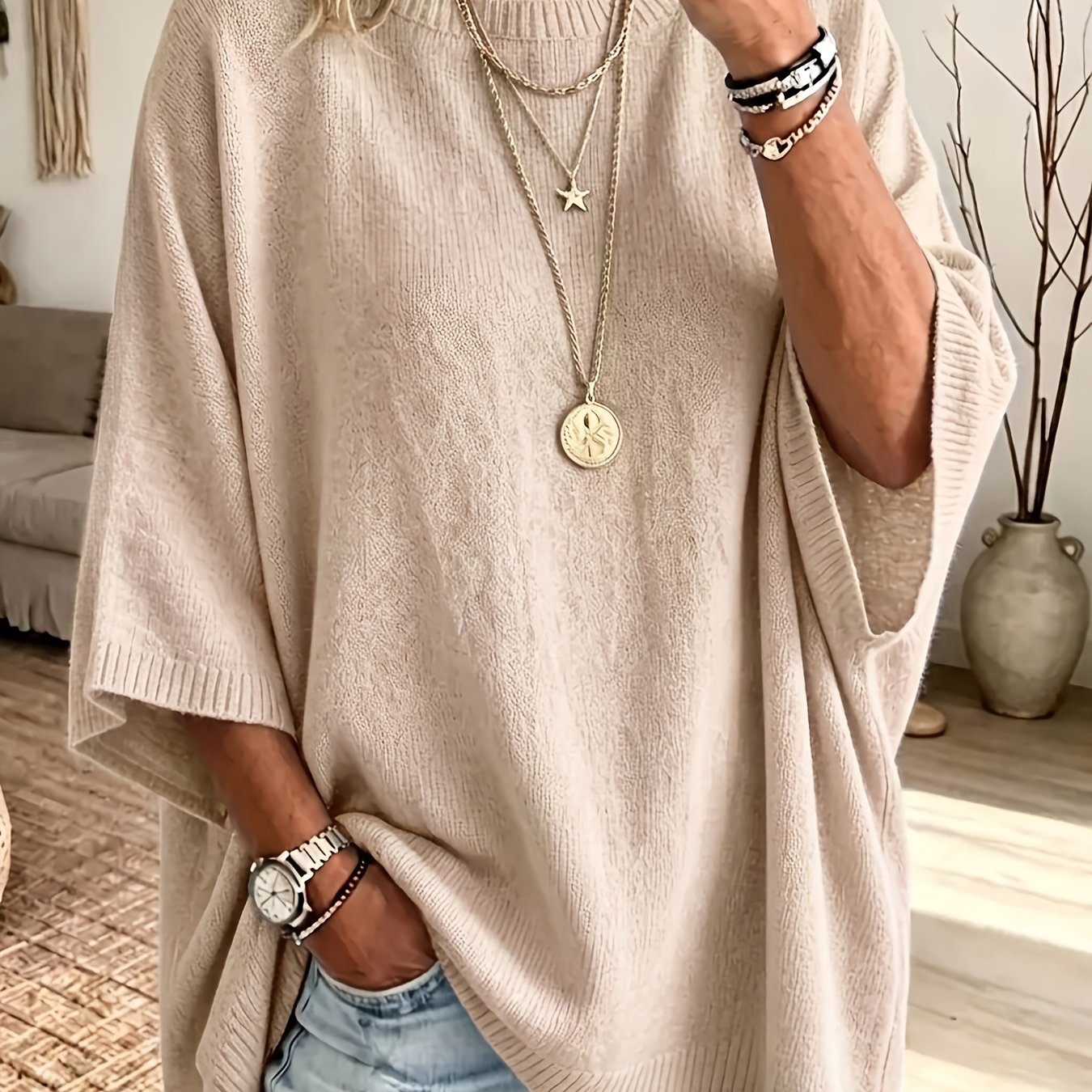 TEMU Plus Size - Plus Size - Women's Spring Autumn Elegant Casual Cute Sexy Middle Eastern Style Spring Autumn Solid Color Round Neck Bohemian Casual