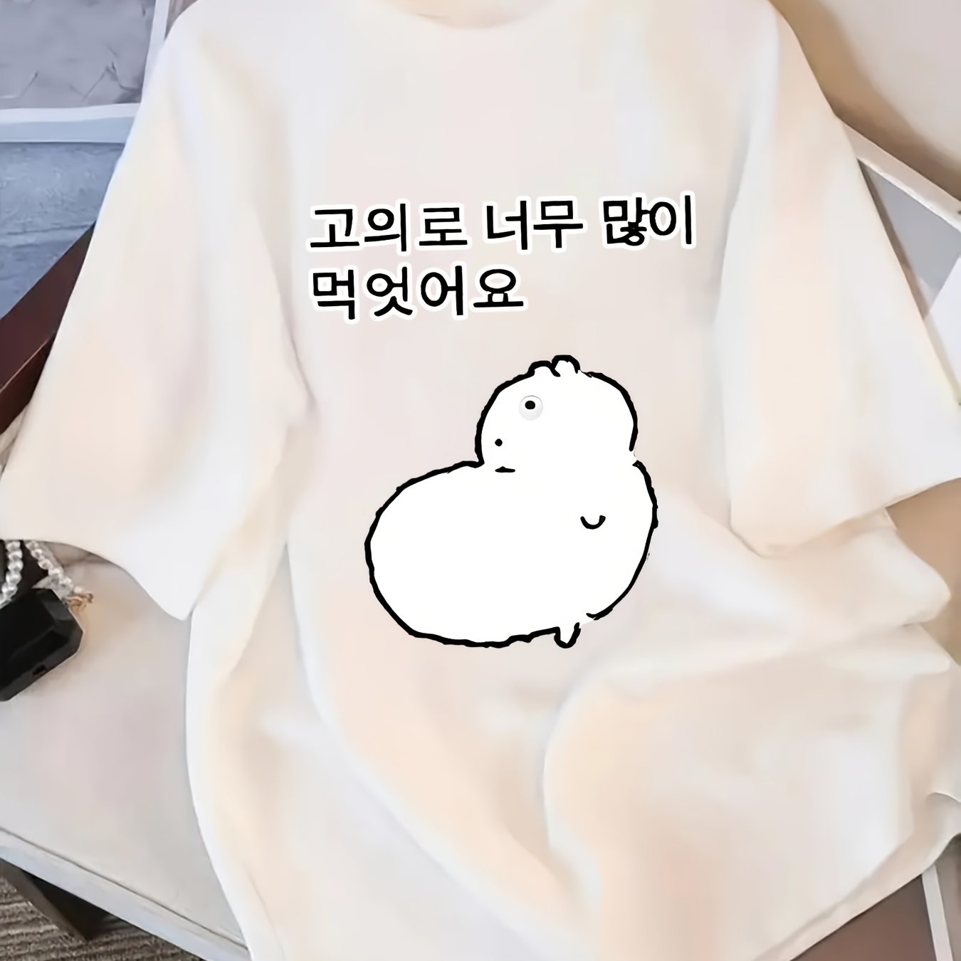 TEMU 캐주얼 여성 드롭 숄더 반팔, 귀여운 저가 상품, 부드럽고 귀여운 아픔을 느끼는 햄스터 한국풍 프린트 반팔 니치 디자인 파티 데일리 탑