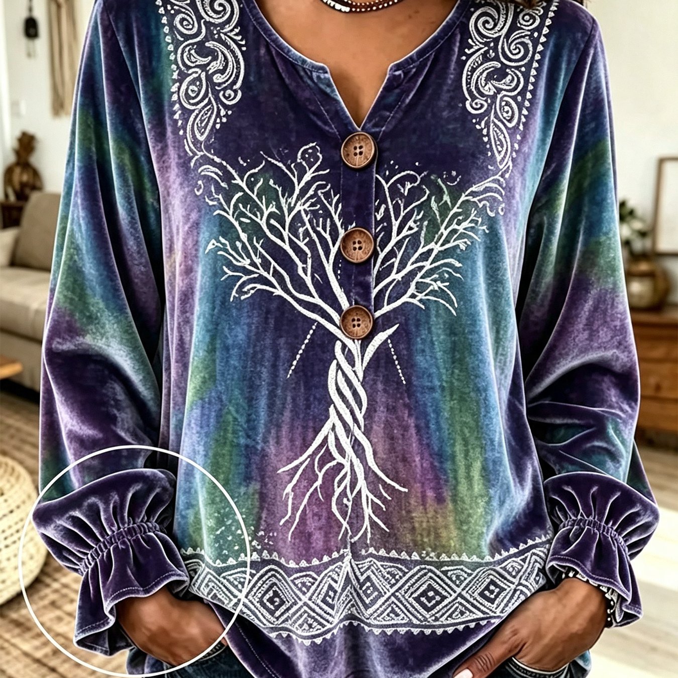 Image of Plus Size, Large Size Women's Top, Suitable For Autumn Gradual Change Tree Of Life Printed Velvet Long-sleeved Jumper, Small V-neck Decorative For Lotus Leaf Closed Sleeve Casual Top