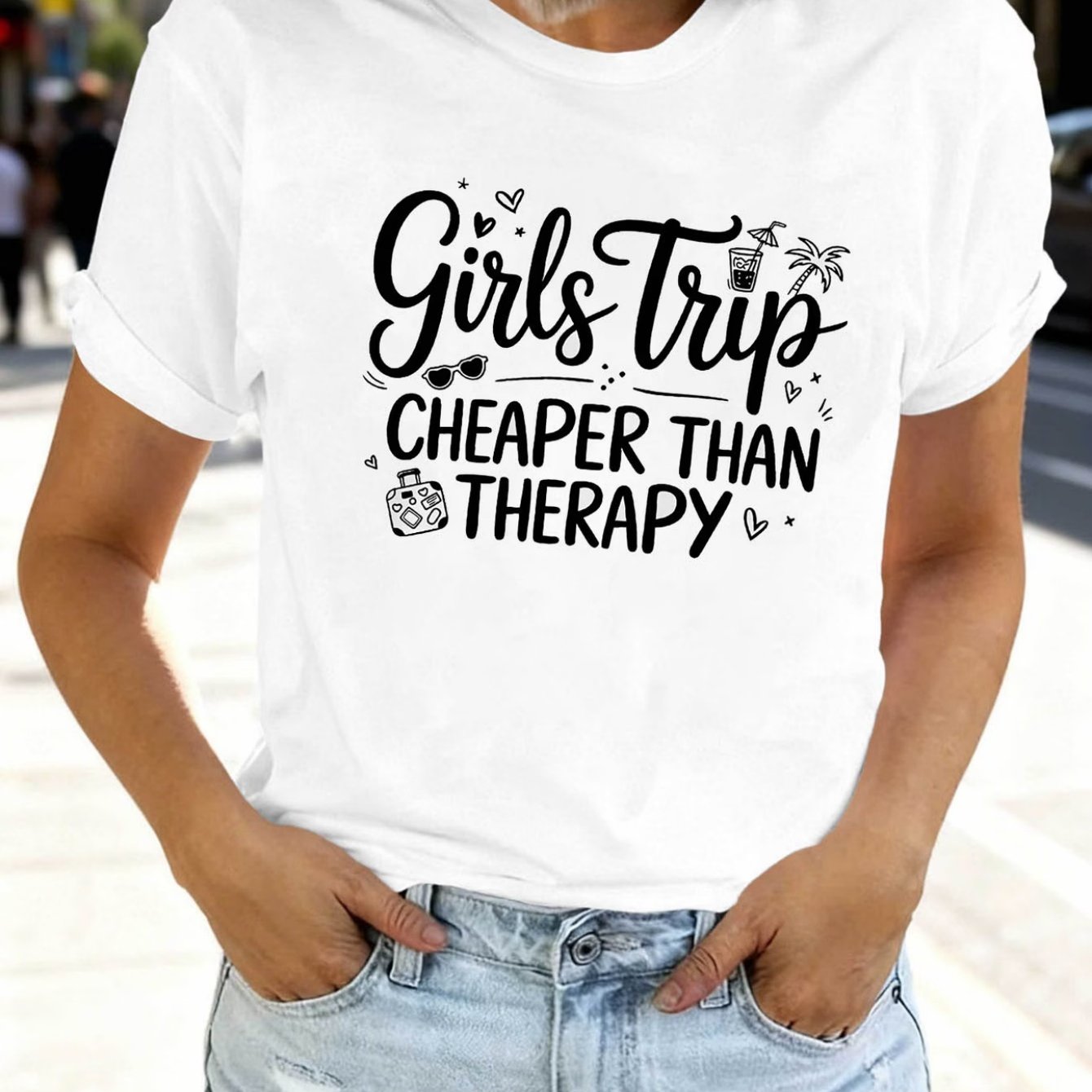 TEMU Trip Graphic Print Women's Round Neck Short Sleeve T-shirt, Perfect For Casual , Holiday Gifts, Friend Gatherings, Music Parties, And Vacation