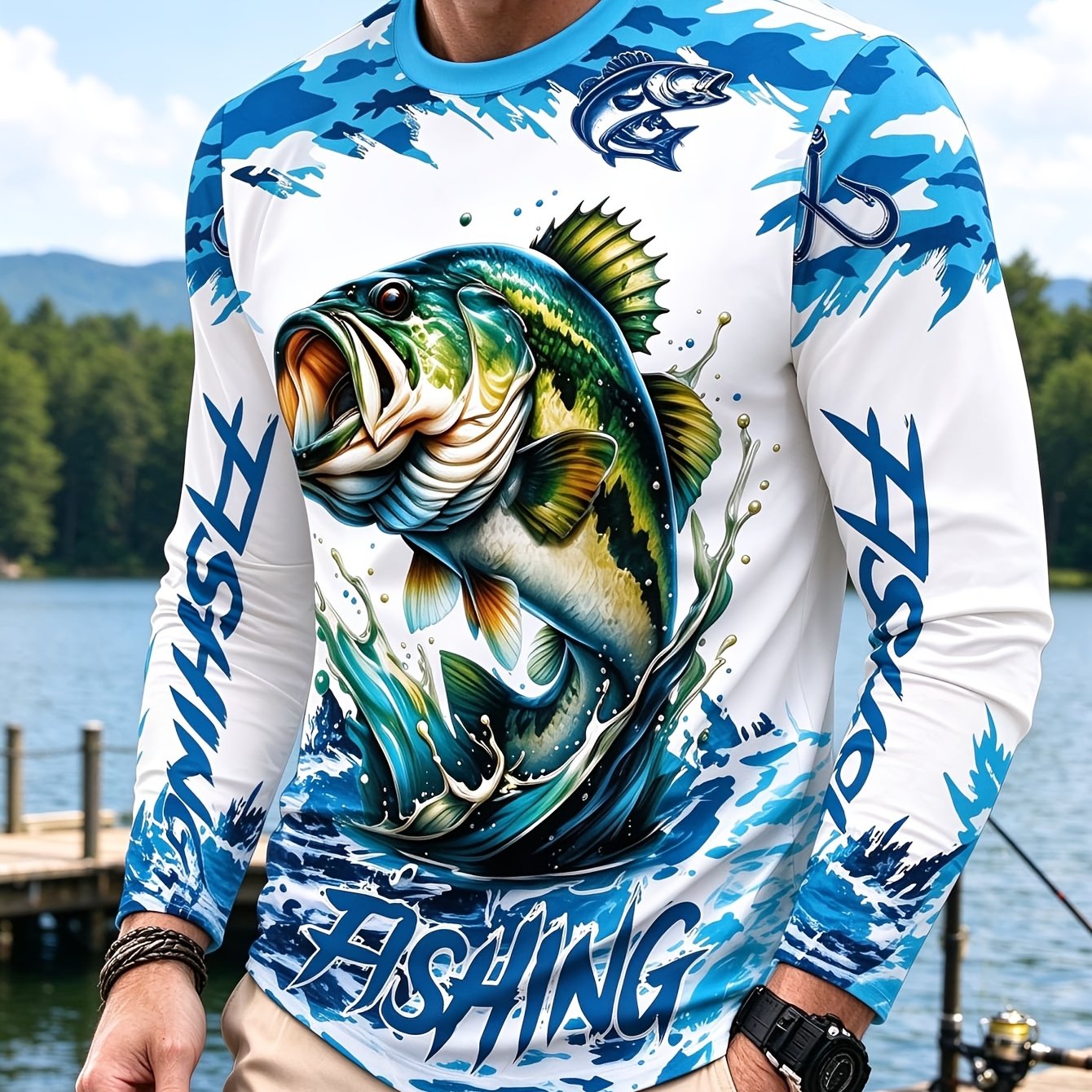 TEMU Men's Round Neck T-shirt With Jumping Out Of Water, Waves And Fish Hooks Print, Casual Long Sleeve Top