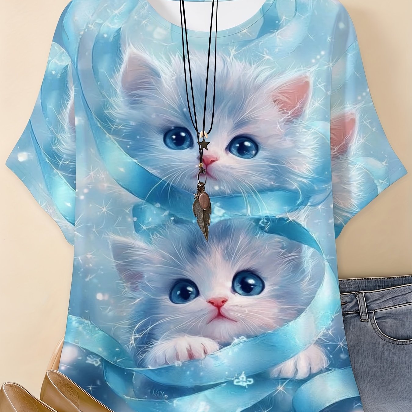 TEMU Plus Size, Plus Size Women's 0xl-7xl Size Cute Kitten And Blue Ribbon Print T-shirt- Round Neck, Short-sleeved, Casual Spring Top- Slim