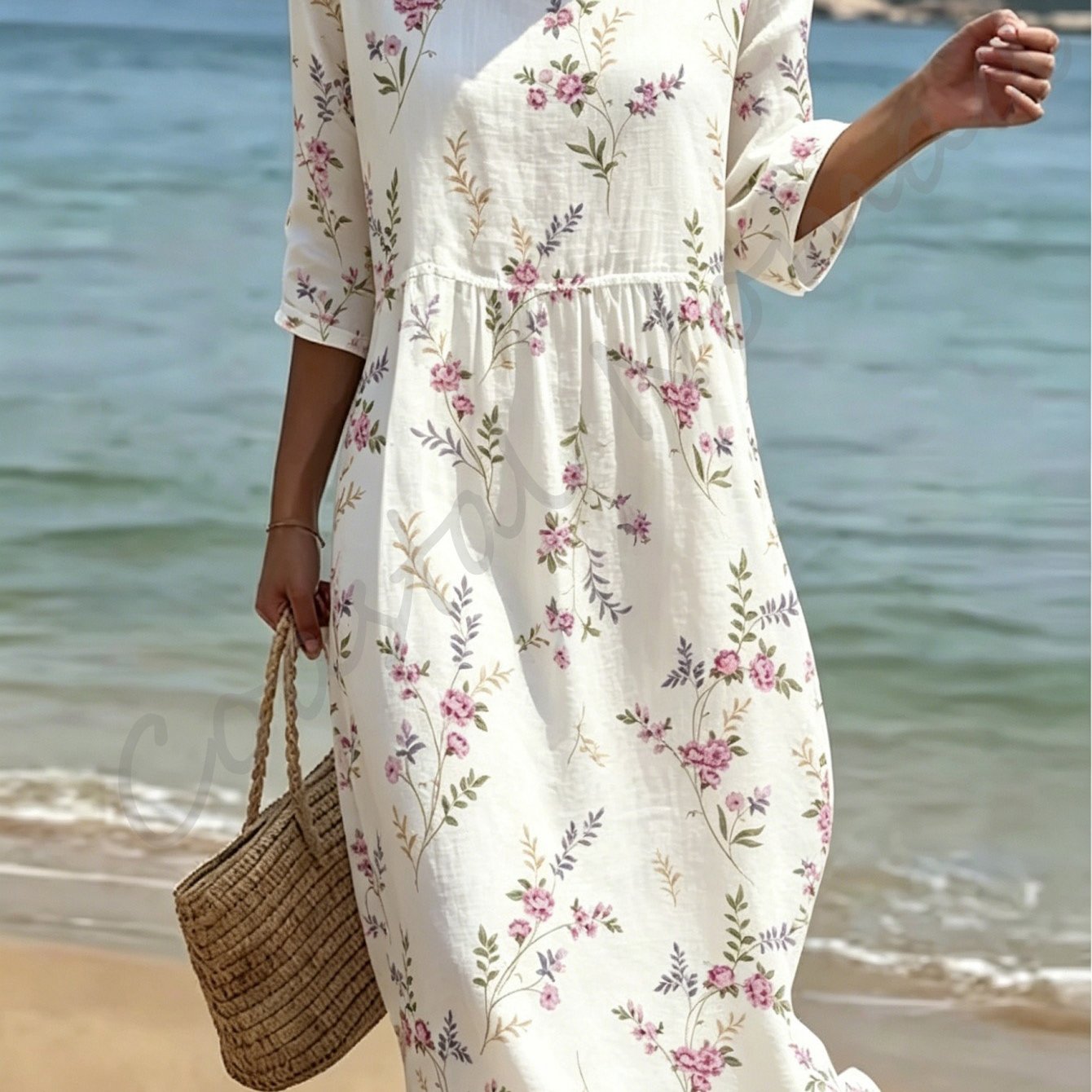 Summer Beach Women's Dress, Round Neck And Three-quarter Sleeves, Made Of Breathable And Skin-friendly Polyester Fabric, Loose And Comfortable, Print Design, Refreshing And .