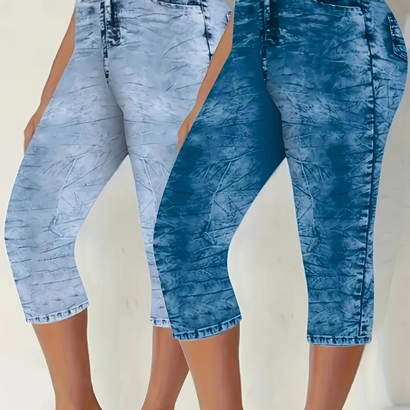 E-shop Plus Size, 2 Stück Damen Stretch Caprihosen in Hellblau, lässiger Sommerstil mit elastischem Bund, geeignet für den und maschinenwaschbar