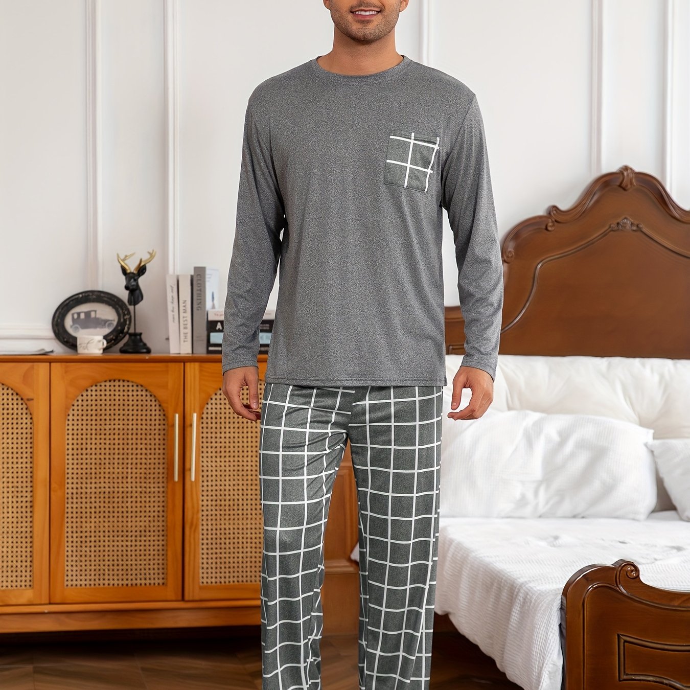 TEMU Men's Dark Gray Long-sleeve Pocketed Pajama Set With A Round Neck
