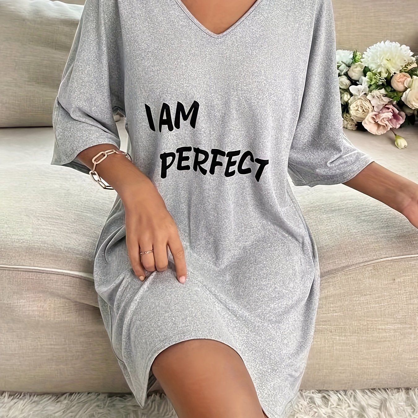 TEMU Women's Slogan Print Casual Sleepwear Dress, Batwing Sleeve V Neck Loose Fit Tee Dress, Comfortable Nightgown - Perfect For Fall