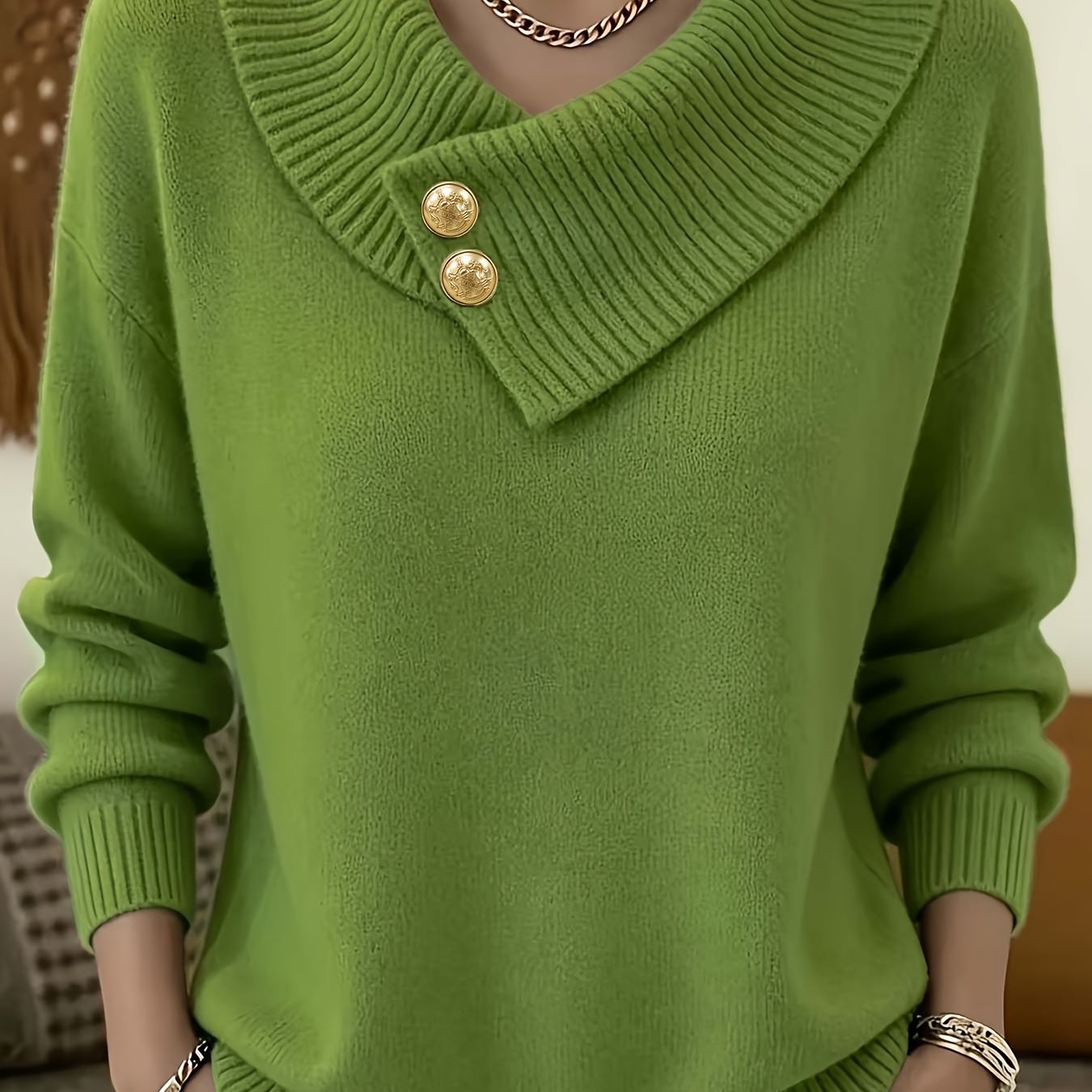 TEMU Women's Round Neck Button- Collar Sweater - Warm Winter Sweaters Suitable For Daily & Holiday Wear, Medium Stretch Button-front Neckline Sweater