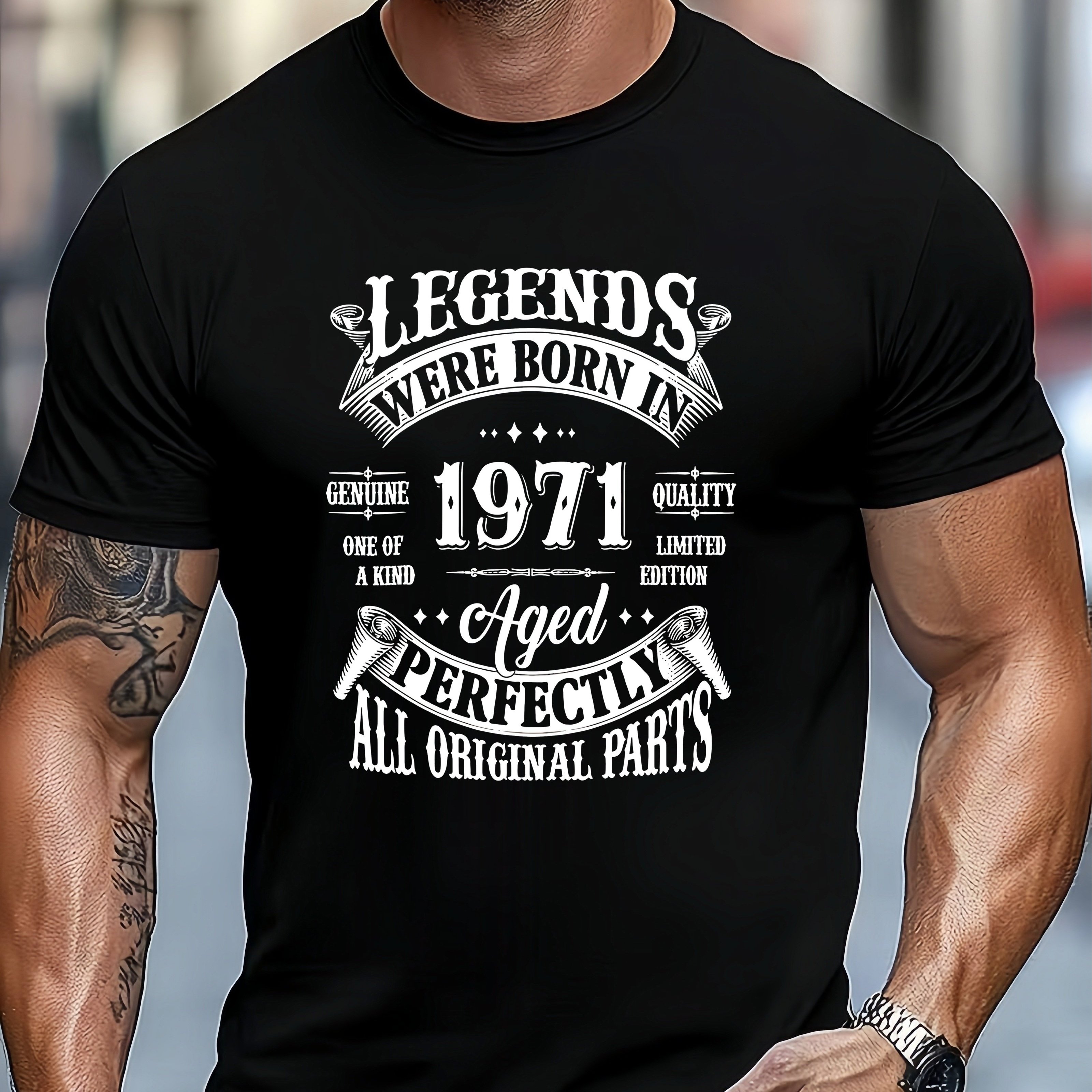 TEMU Men' 1971 Vintage T-shirt Suitable For Birthday Commemorative Outfit, Retro Round Neck Short Sleeve Casual Top With Random Print, Machine