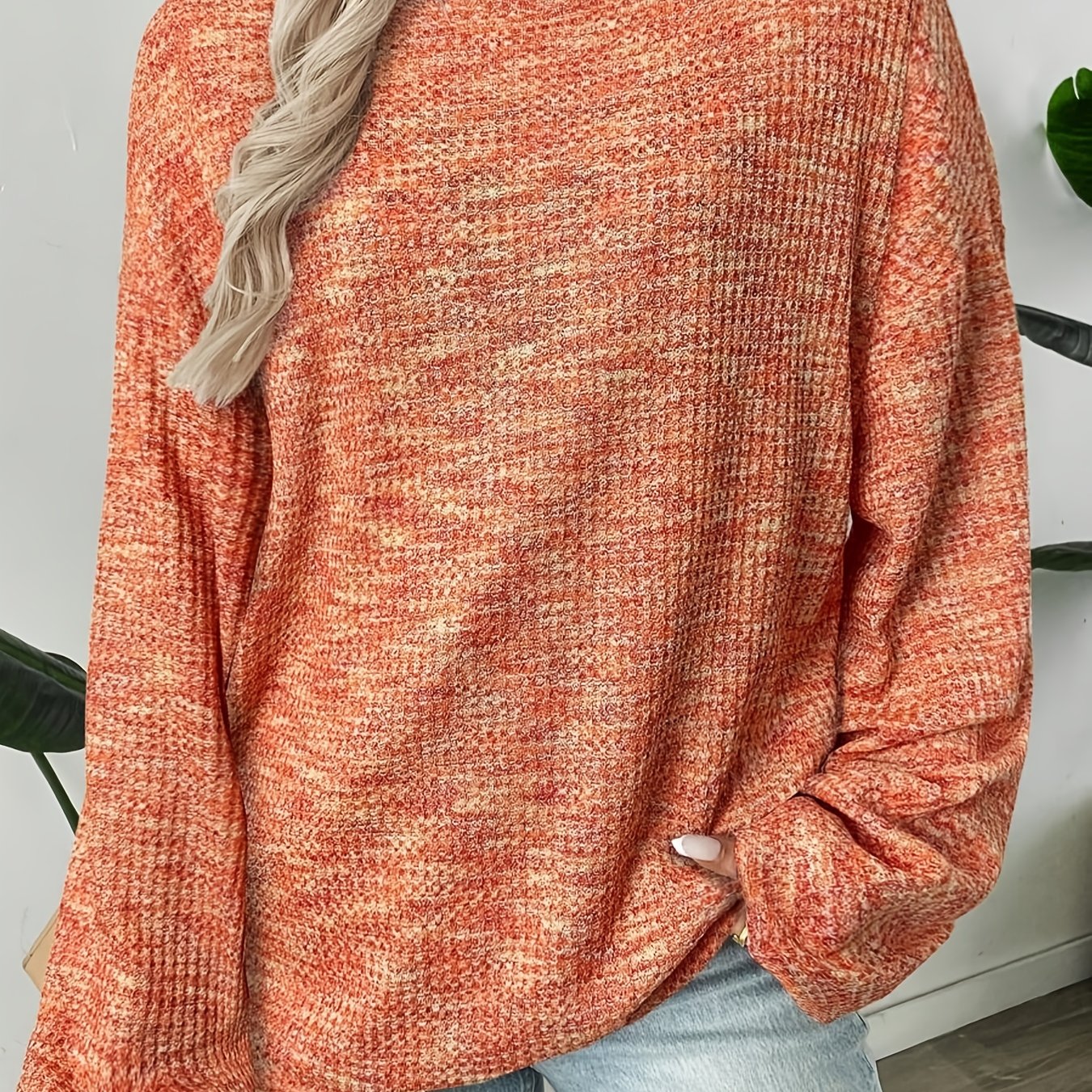 TEMU Women's Multicolor Waffle Pullover Sweater, Autumn, Long Sleeve Top