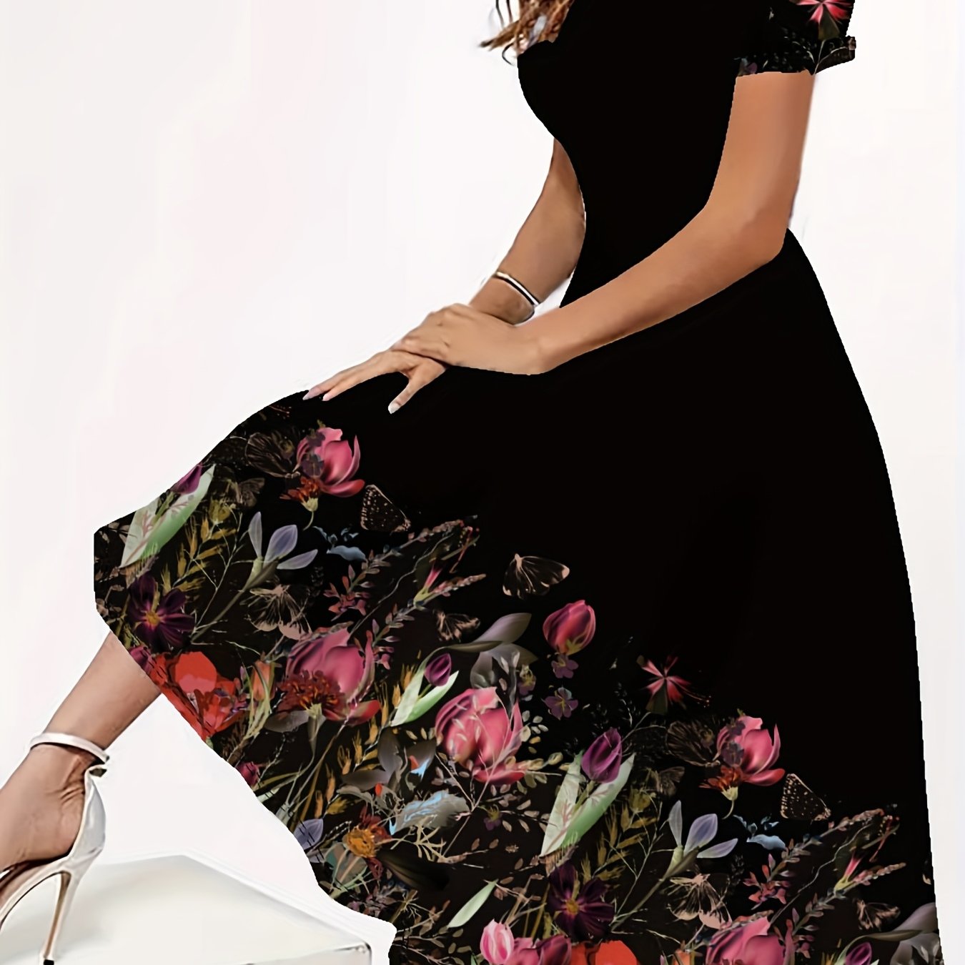 TEMU Plus Size, Plus-size Printed Dress, Elegant Round Neck Short Sleeve Long Dress, Suitable For Spring And Autumn, Women's Plus-size Clothing