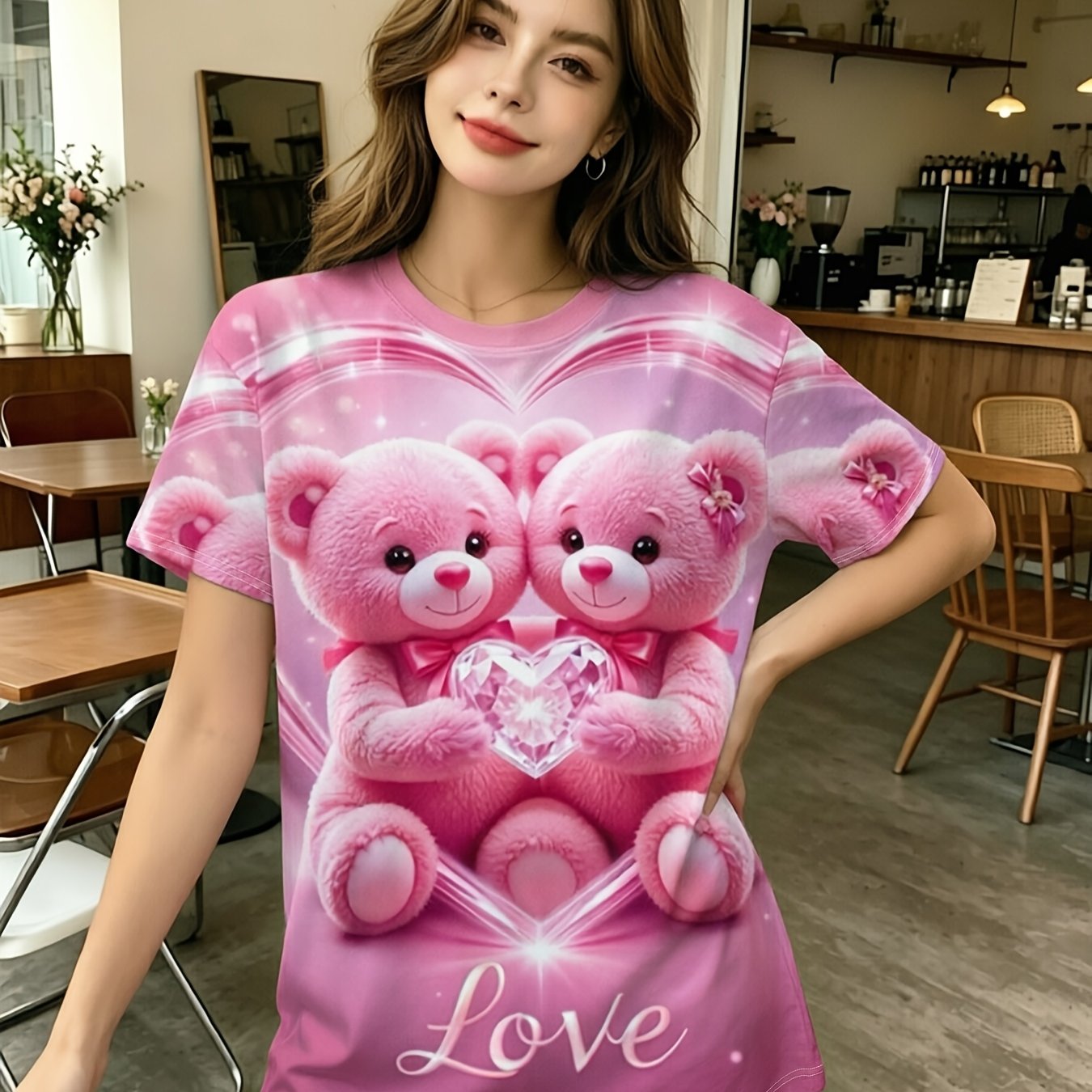TEMU Digital Printing - Women's Short Sleeve, Top T-shirt, Pink Heart Print T-shirt Pink Cute Teddy Bear Heart And Text Romantic Casual Women's
