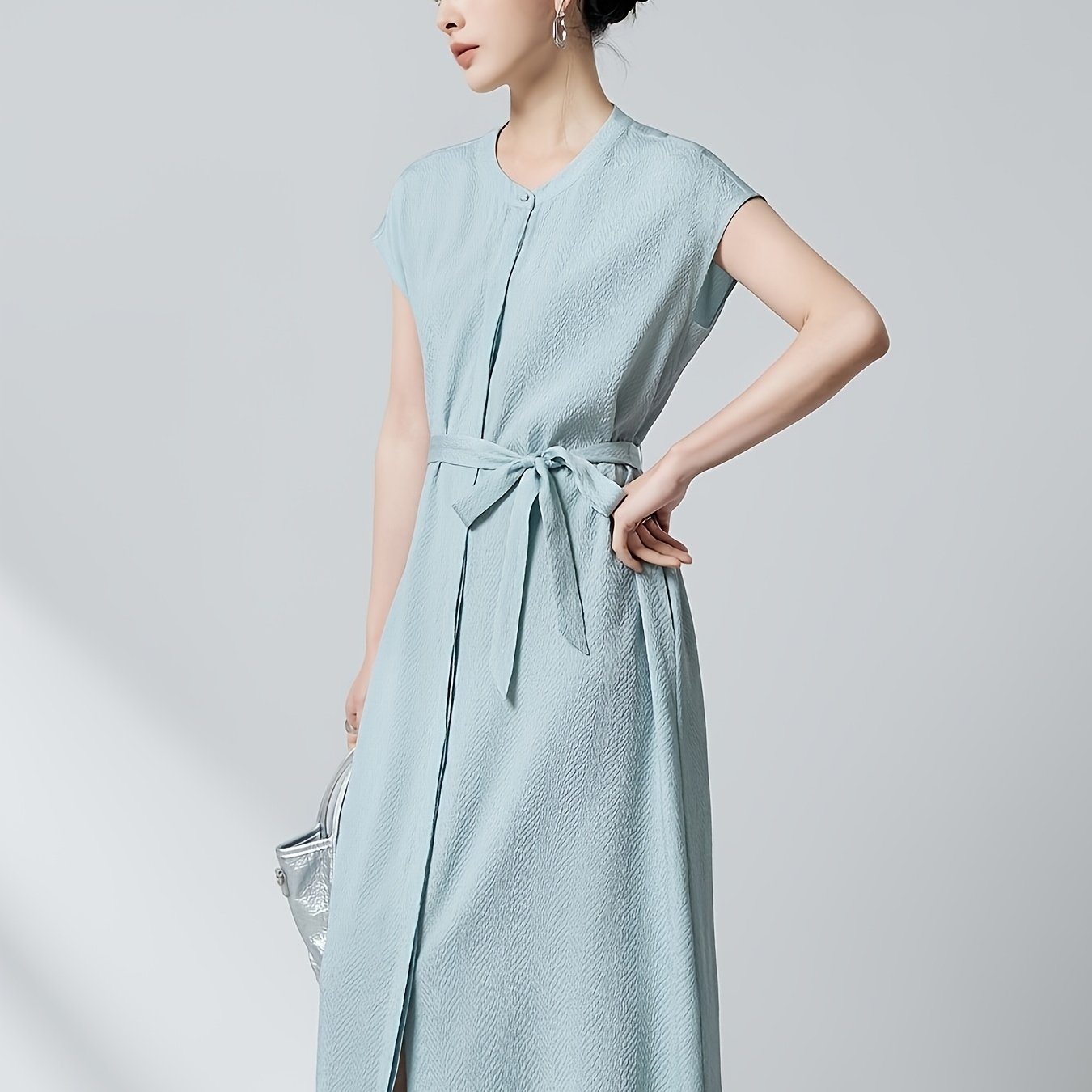 TEMU Ink Painting Beauty 2026 Summer New 6a Grade Guanle Crepe Dress Women's Belt Waist-cinching Split Loose Black Mid-length Skirt Women's Dress
