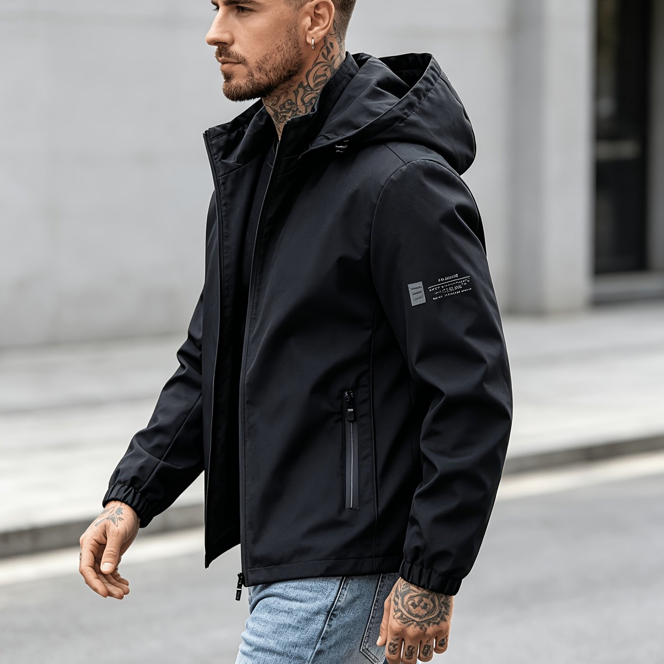 TEMU Men's Lightweight Solid Color Casual Jacket With Adjustable Hood, Elastic Cuffs, And Versatile Commuter Outerwear