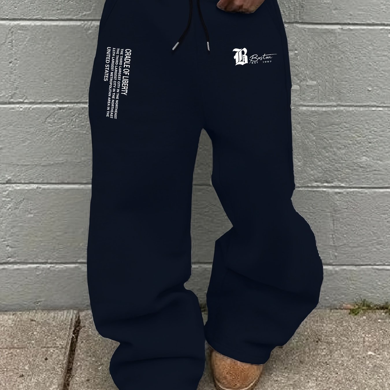 TEMU Men's Loose-fitting Drawstring Sweatpants For Autumn And Winter, Featuring Letter Prints, Casual Long Pants Suitable For Everyday Wear, With