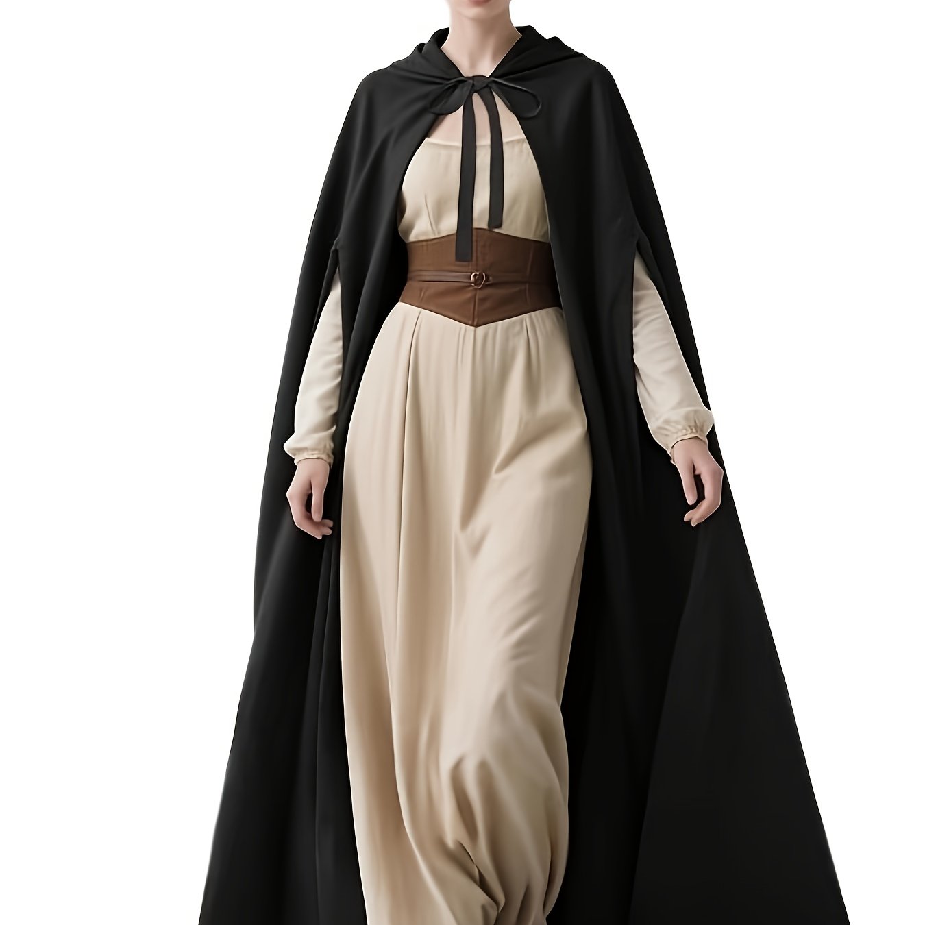 TEMU Medieval Dark Aesthetic Vintage Black Hooded Long Cloak All-match Outerwear Cosplay Halloween Outfit Atmosphere-enhancing Dress