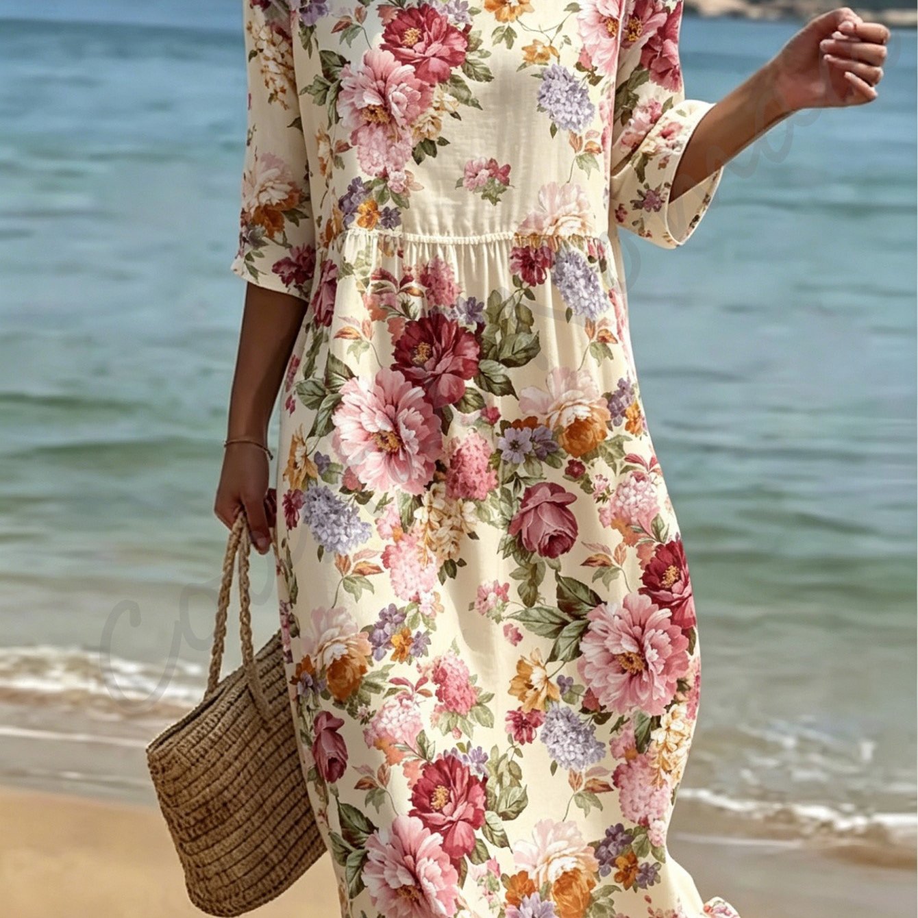 Women's Summer Beach Dress, Round Neck And Three-quarter Sleeves, Made Of Breathable And Skin-friendly Polyester Fabric, Loose And Comfortable, Floral Print, Elegant And Gentle .