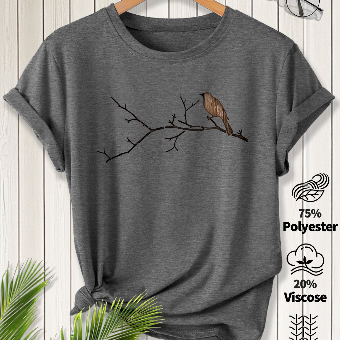 TEMU Women's Vintage Bird & Wood Grain Print T-shirt - Short Sleeve Round Neck -compatible Suitable For Spring Summer Fall Casual Top, Machine