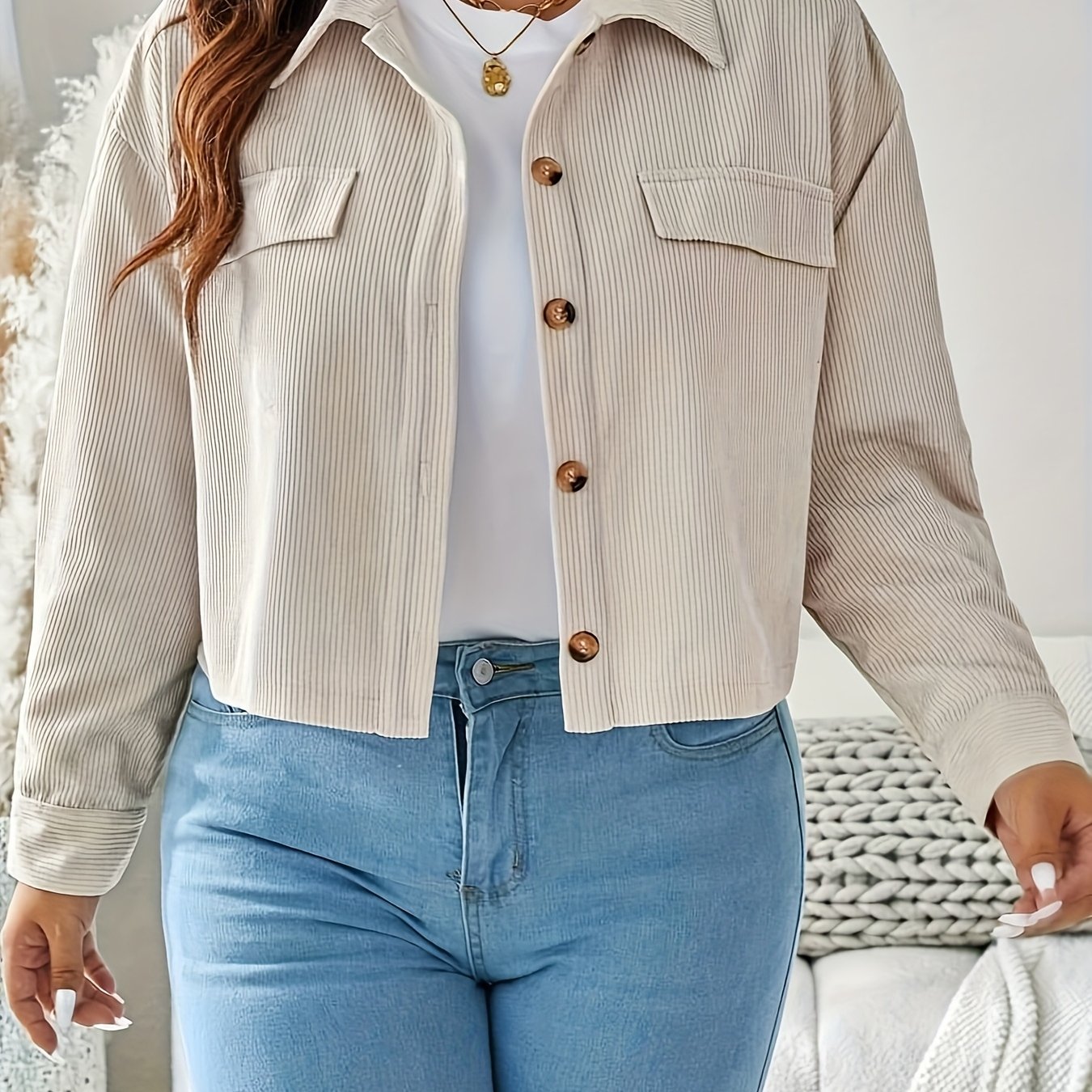 TEMU Plus Size Women' Casual Long Sleeve Corduroy Jacket With Flap Pockets For Autumn/winter