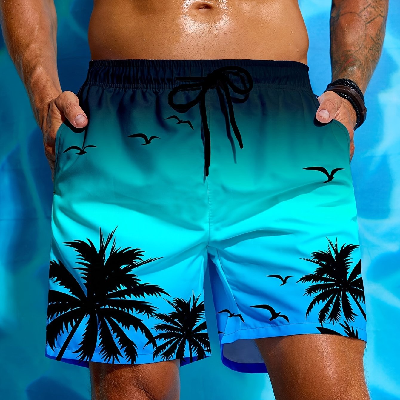 E-shop Herren Palm Tree 3D Druck Badeshorts, stylisch und atmungsaktiv, mit Kordelzug im Bund