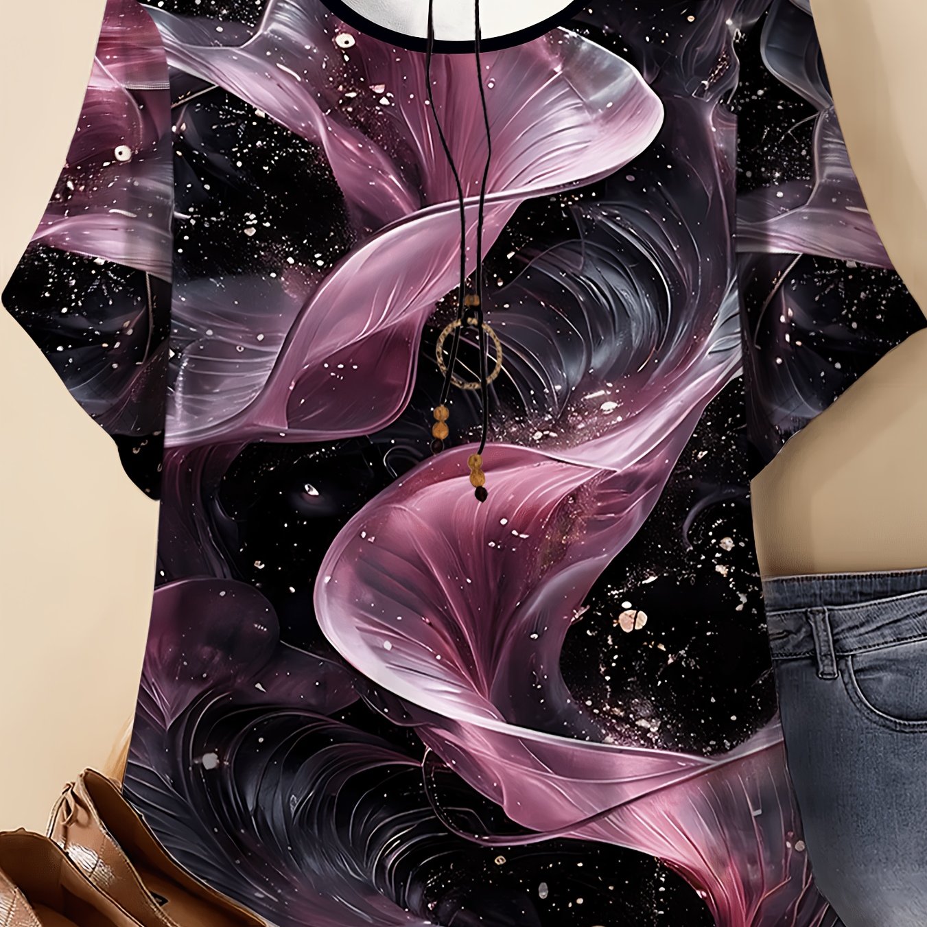 TEMU Plus-size Women's T-shirt Featuring A Solid With An Abstract Pink-purple Gradient Floral/ribbon Pattern. Flow And Like, The Texture Of Liquid