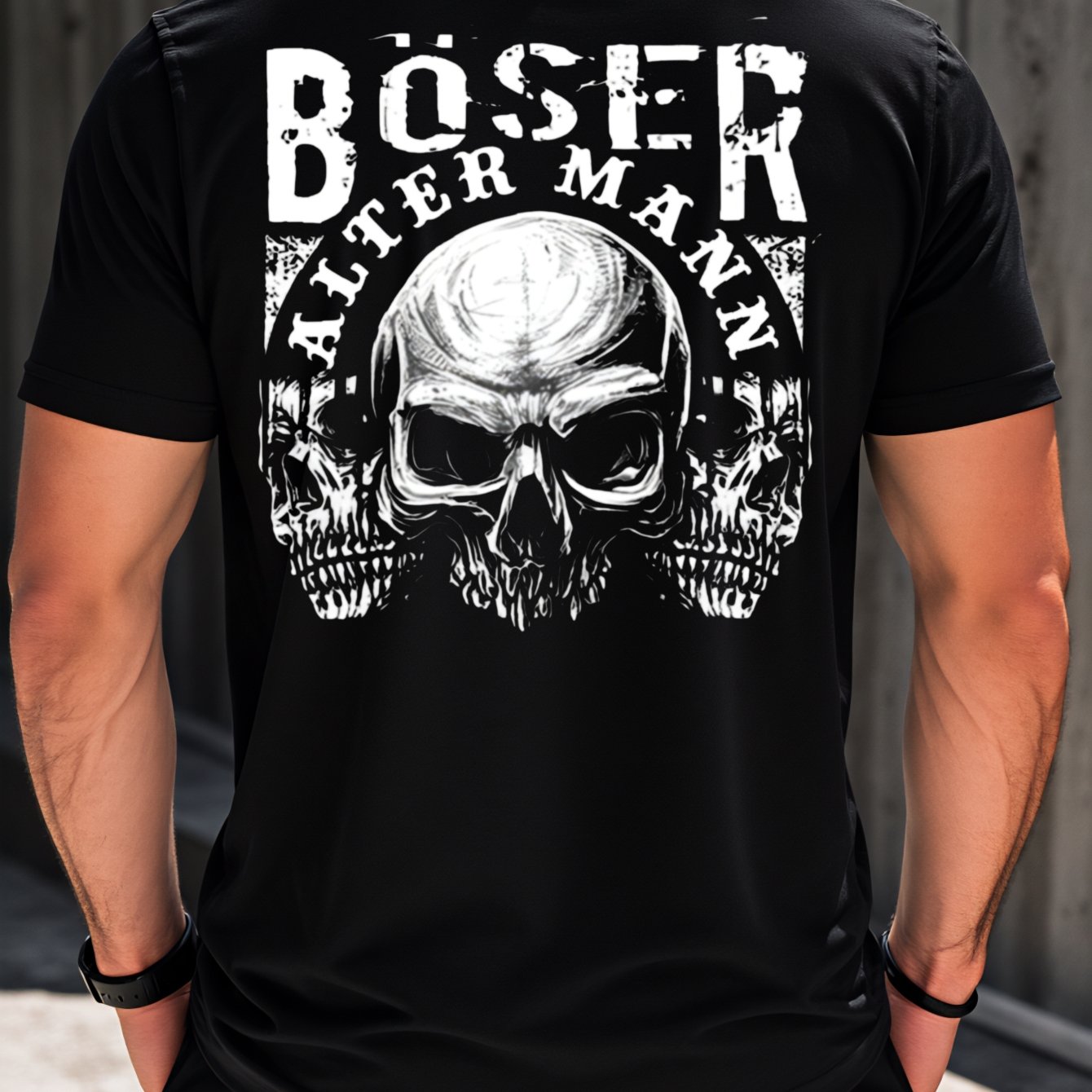 Image of Plus Size Casual Streetwear Style Men's T-shirt Skull And Text Design For Everyday Wear And Summer Outfits Perfect Gift For Him Back Print Featuring Alter Mann With 3 Skulls