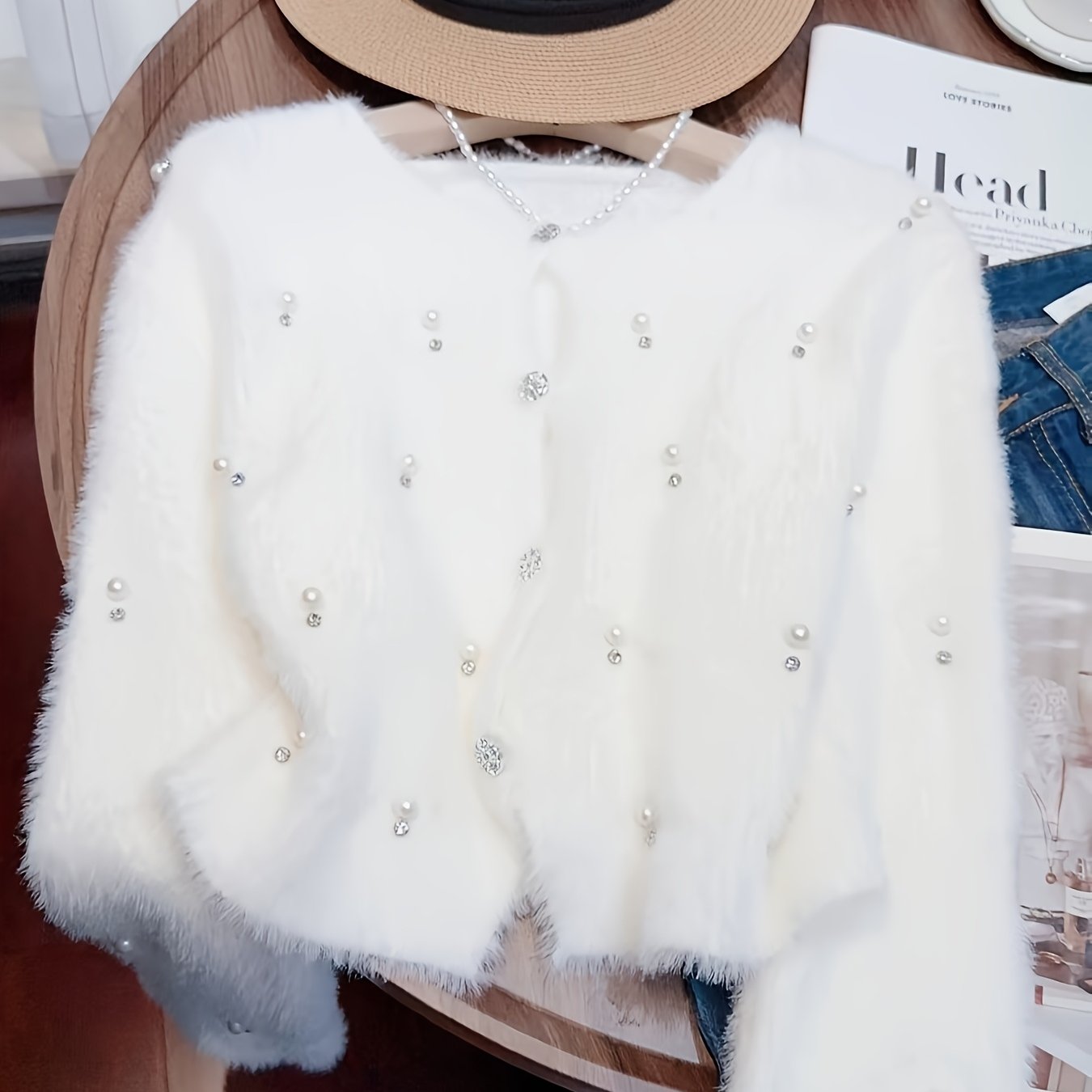 TEMU Women's Long-sleeve Sweater With Pearl Embellishments And Rhinestones, Autumn And Winter Short Coat In A Chic Style, Versatile Cardigan Top