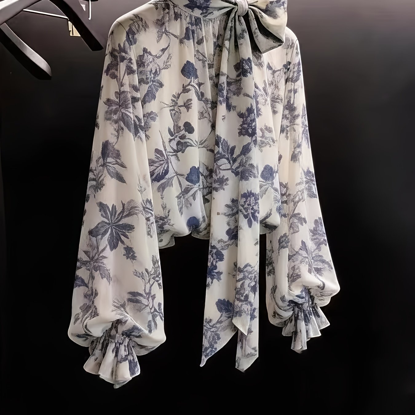 TEMU French Printed Bow Long Sleeve Shirt Women's New Girly Age-reducing Fashion Top Chiffon Blouse 7205