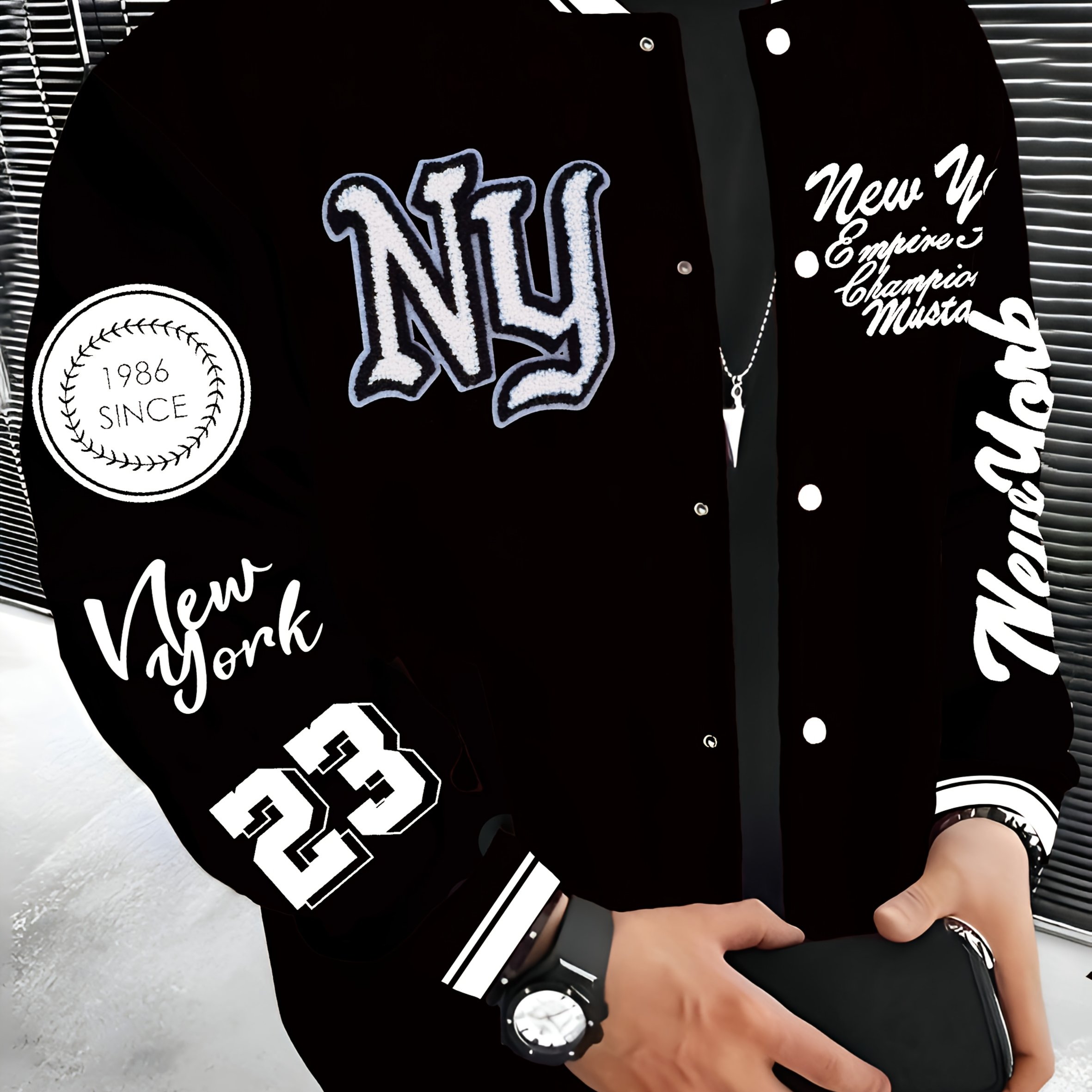 TEMU Autumn, And : New Ny Embroidered Series Lightweight Warm -lined Baseball Jacket, Streetwear Brand Hip-hop Rock Style Jacket, Preppy Casual Fashion Men's Jacket For Christmas And New Year