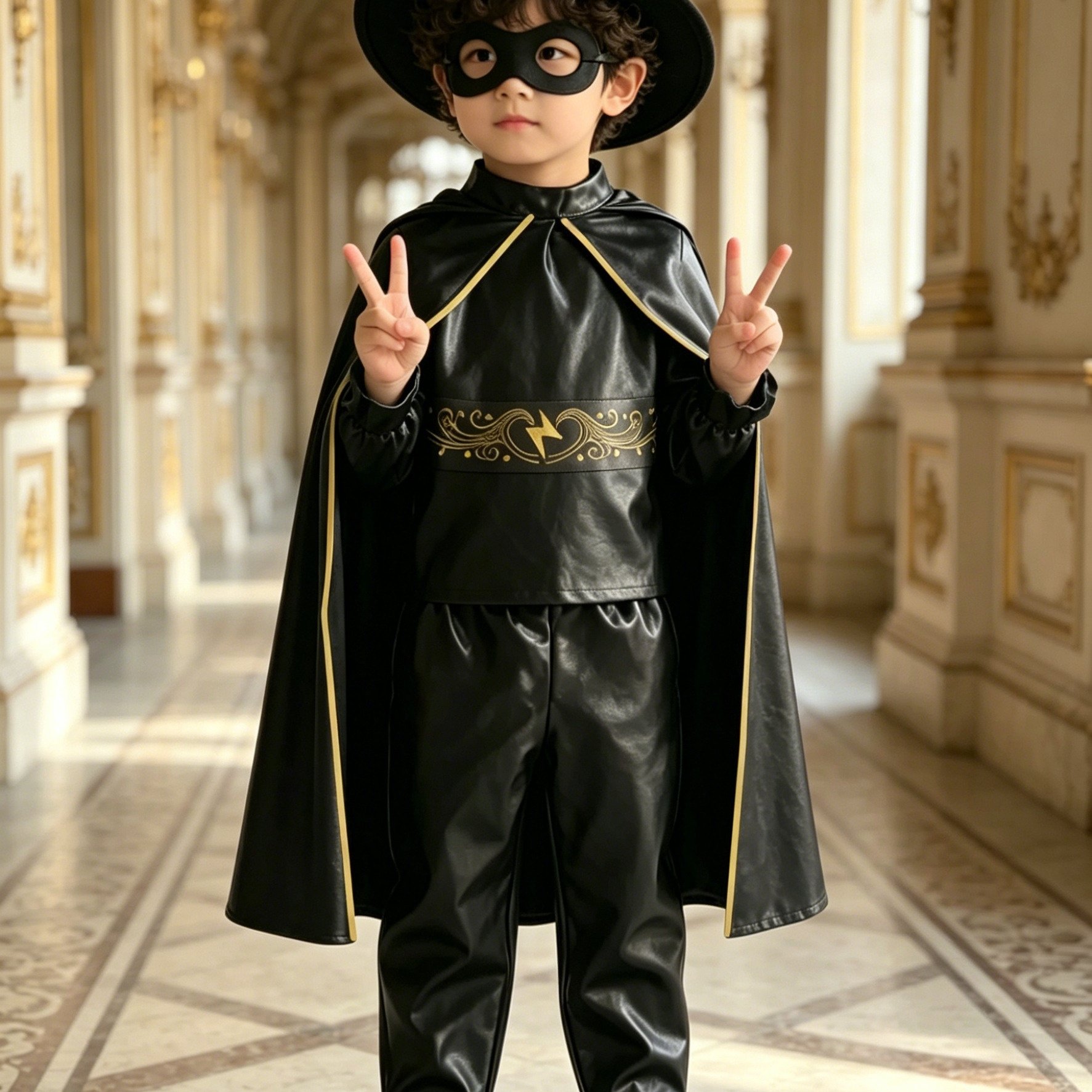 Image of Boys' Black Costume Set: + 1 Pair Of Long Pants + 1 Cape + 1 Hat + 1 Eye Mask. Costumes For Halloween, Carnival And Festivals.