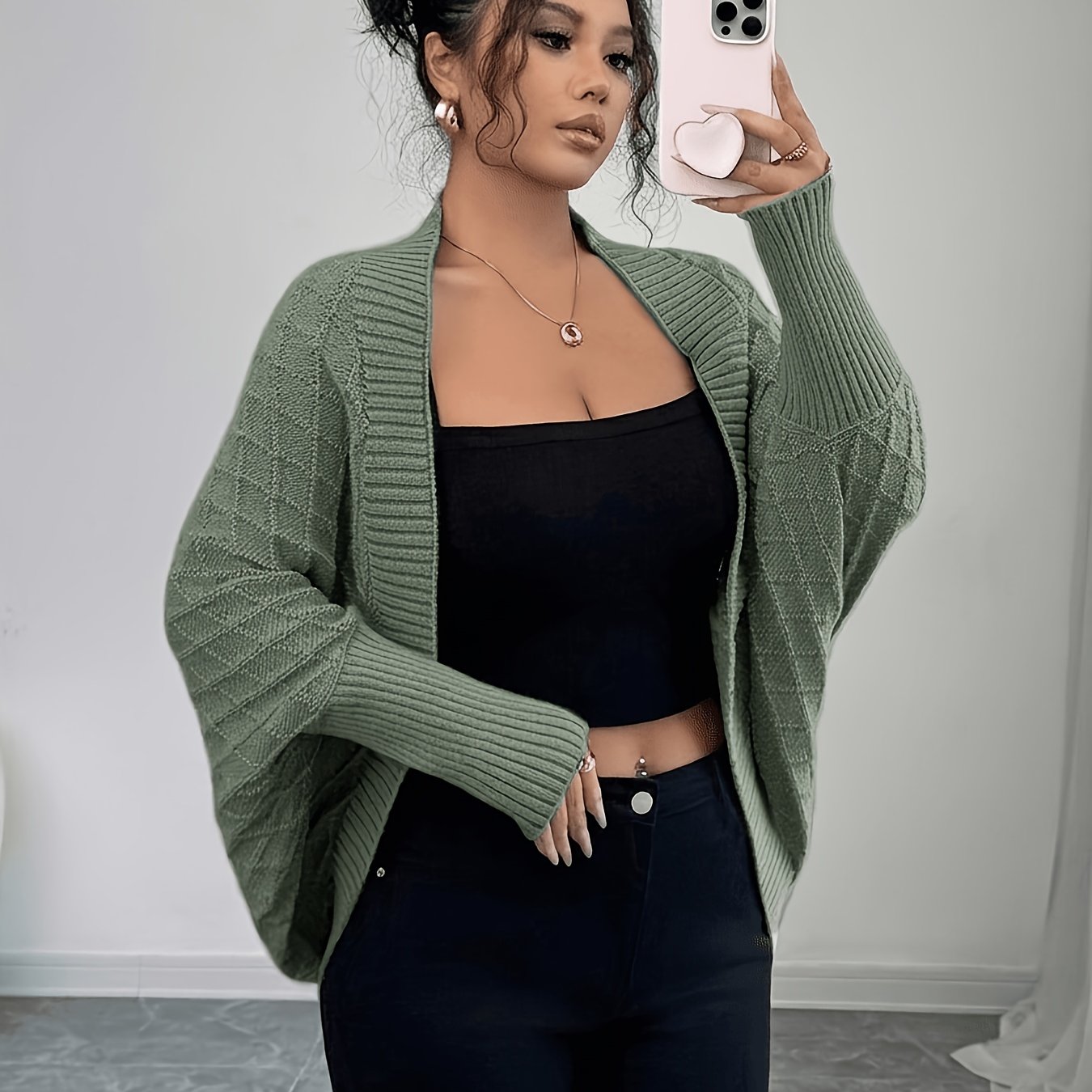 TEMU Women's Cardigan: Casual With Batwing Sleeves Mid-length Jumper, Versatile And Sophisticated Knitwear