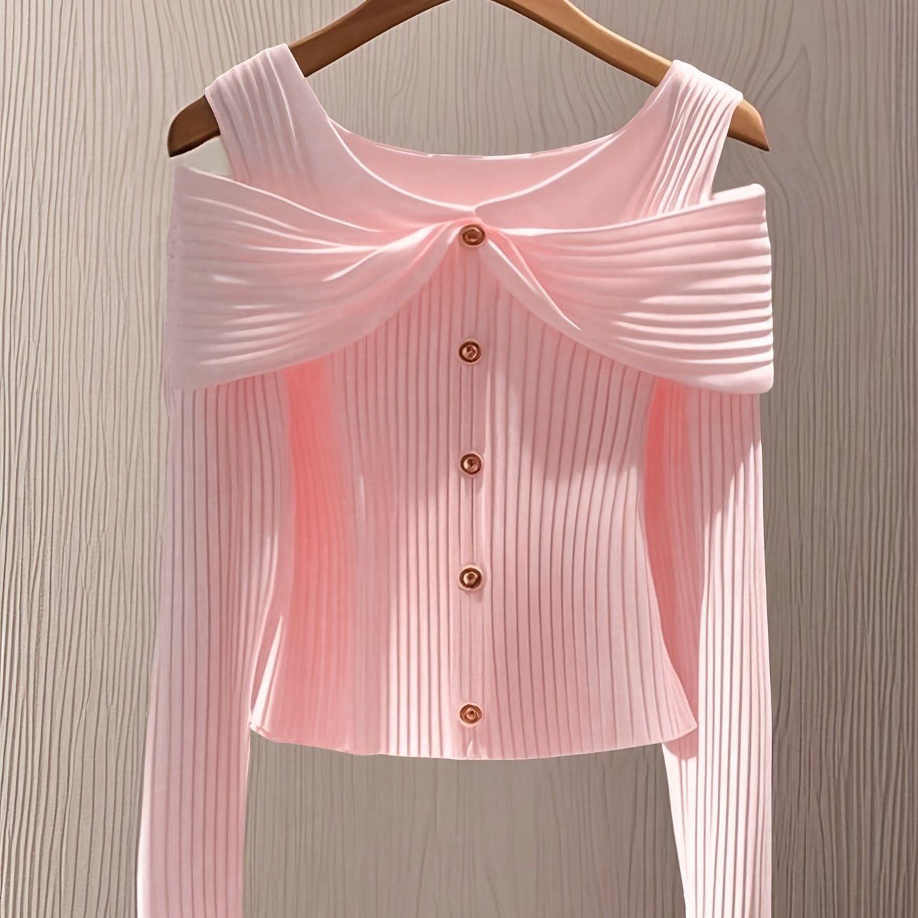 E-shop Damen Einfarbiges Button-Up Off-Shoulder Langarm Rippstrick T-Shirt