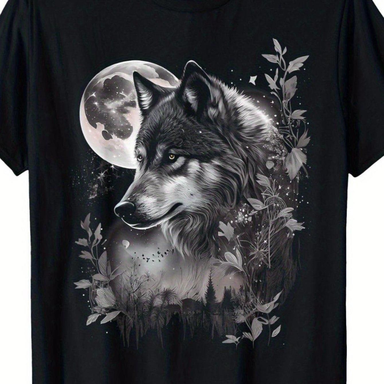 TEMU T-shirt Homme Durable - Loup Gris et Lune - Coton Respirant, Tenue Décontractée Extérieur, Imprimé Lettres Amusantes, Tailles S-XXXL