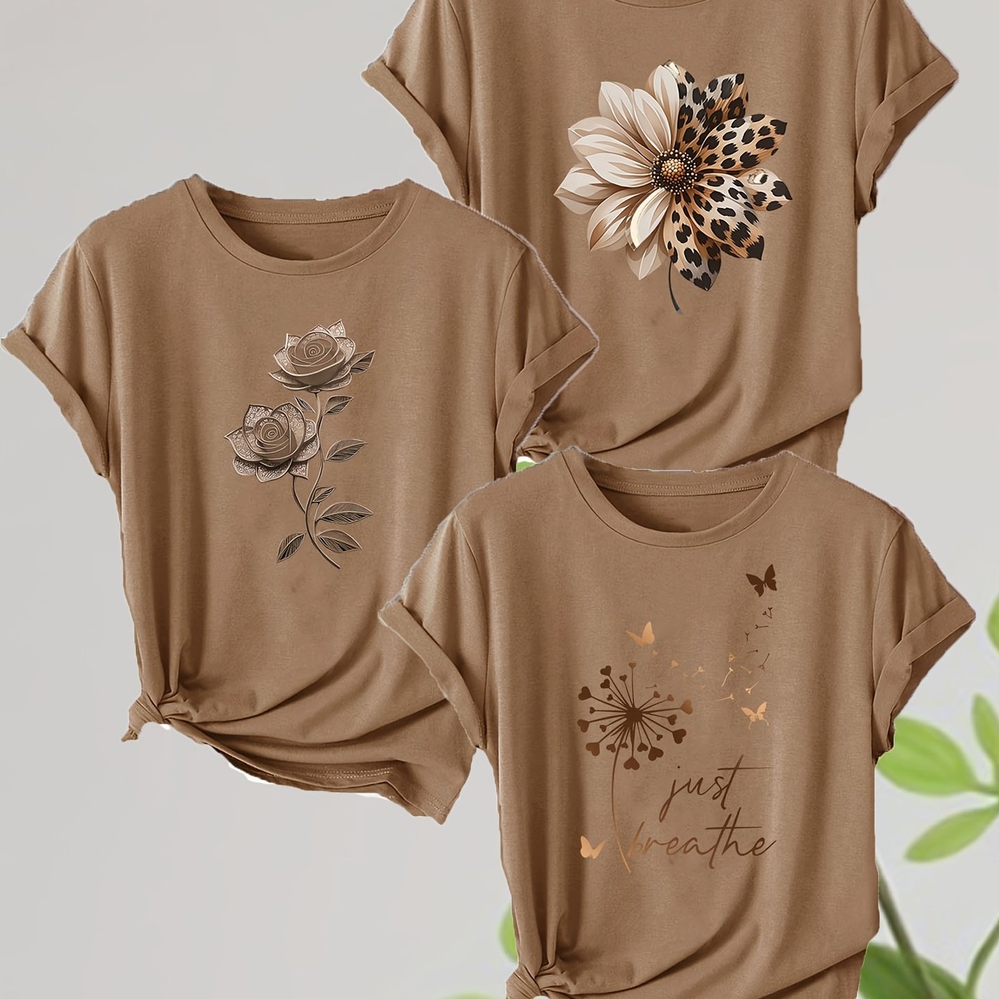 Image of 3pcs Floral Print Round Neck Brown T-shirt Set, Women's Spring Summer Round Neck Sweatshirt T-shirt, Suitable For Daily Wear And Outdoor Activities, Rose, Dandelion, Leopard Flower Patterns