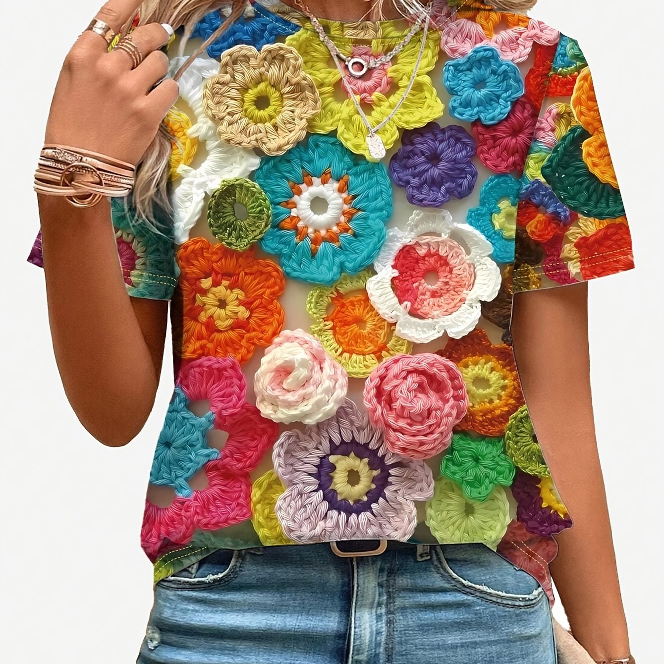 TEMU 1pc Women's Floral Neck Short Sleeve T-shirt, Polyester Knit Fabric, Regular Length, Spring/summer/fall Casual Top