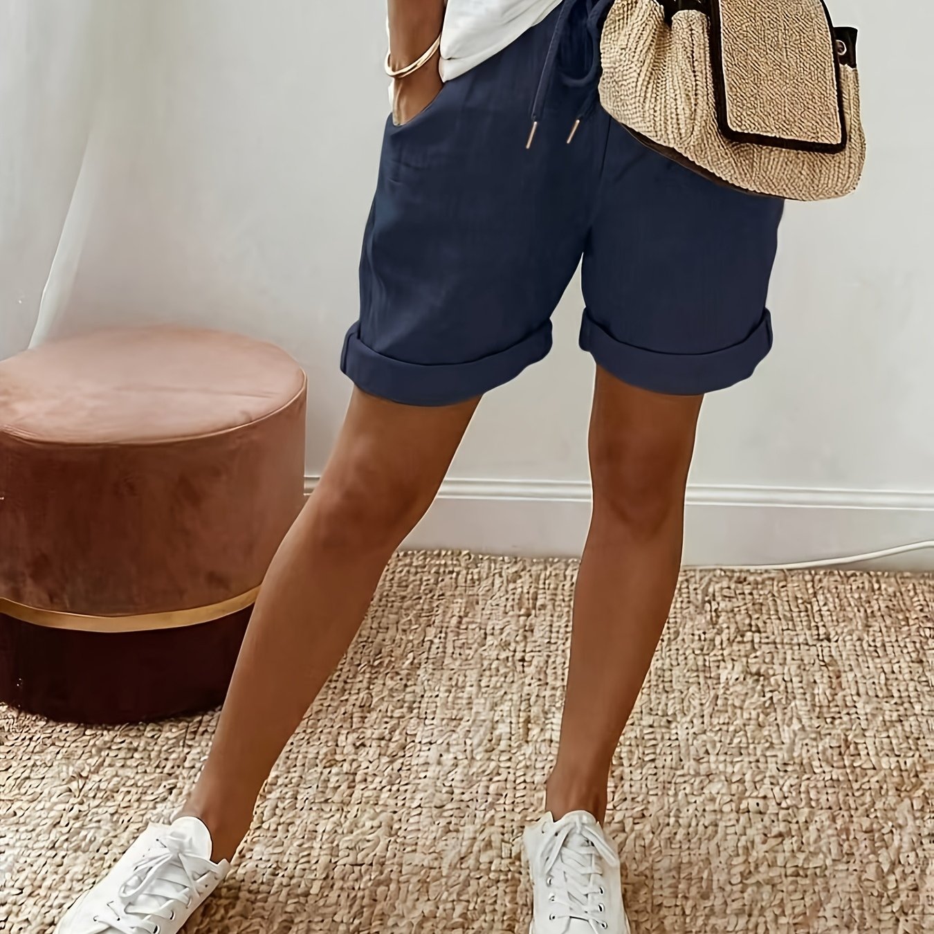 Women's New Summer Casual Roll-up Hem Shorts With . Featuring An Elastic Waist And Rolled-hem Details, A Relaxed Yet Stylish Look, Suitable For Daily , Vacations, Casual Occasions. Casual