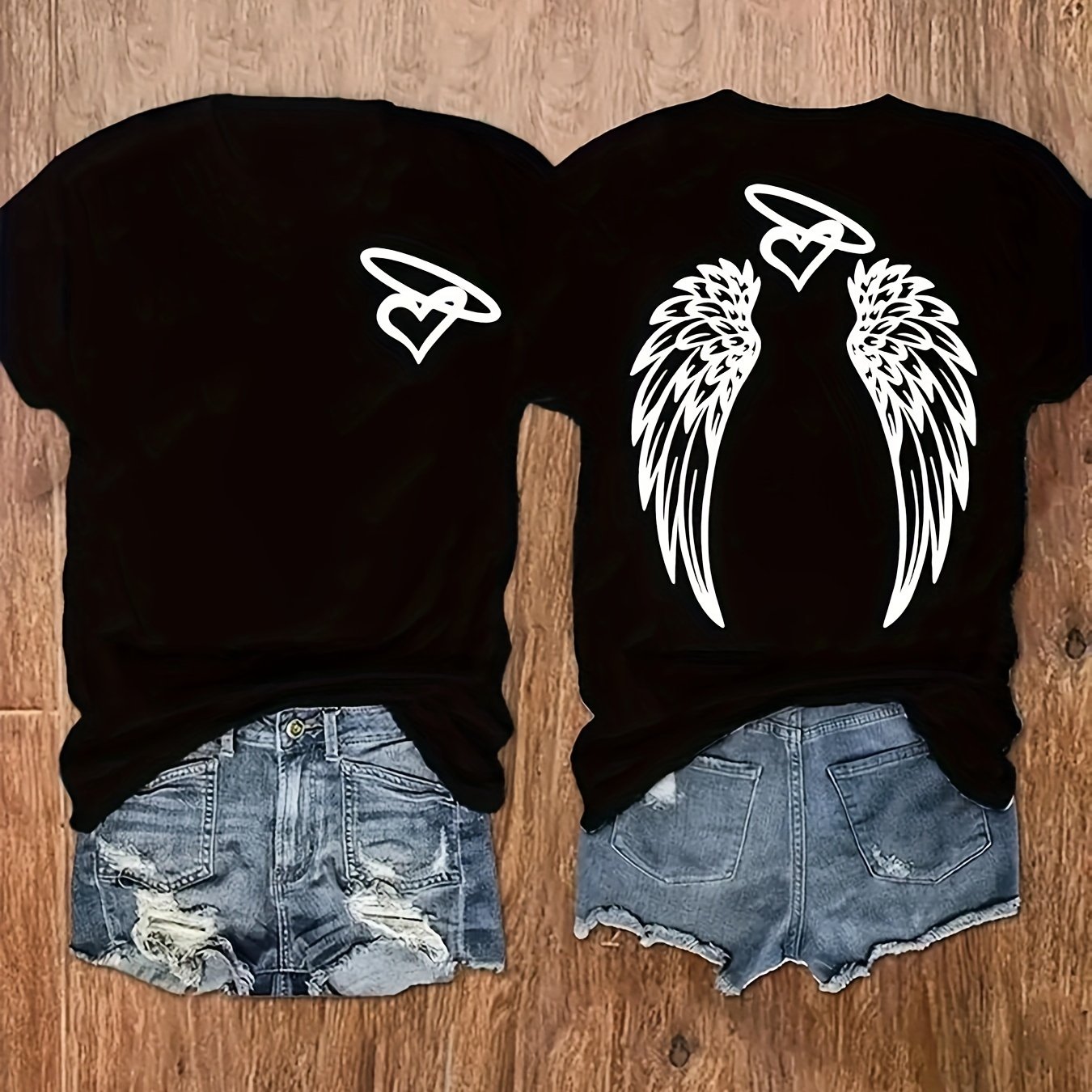 Image of Plus Size - Plus Size - Plus Size Casual Round Neck Reversible Printed Wings Heart Elements Round Neck T-shirt
