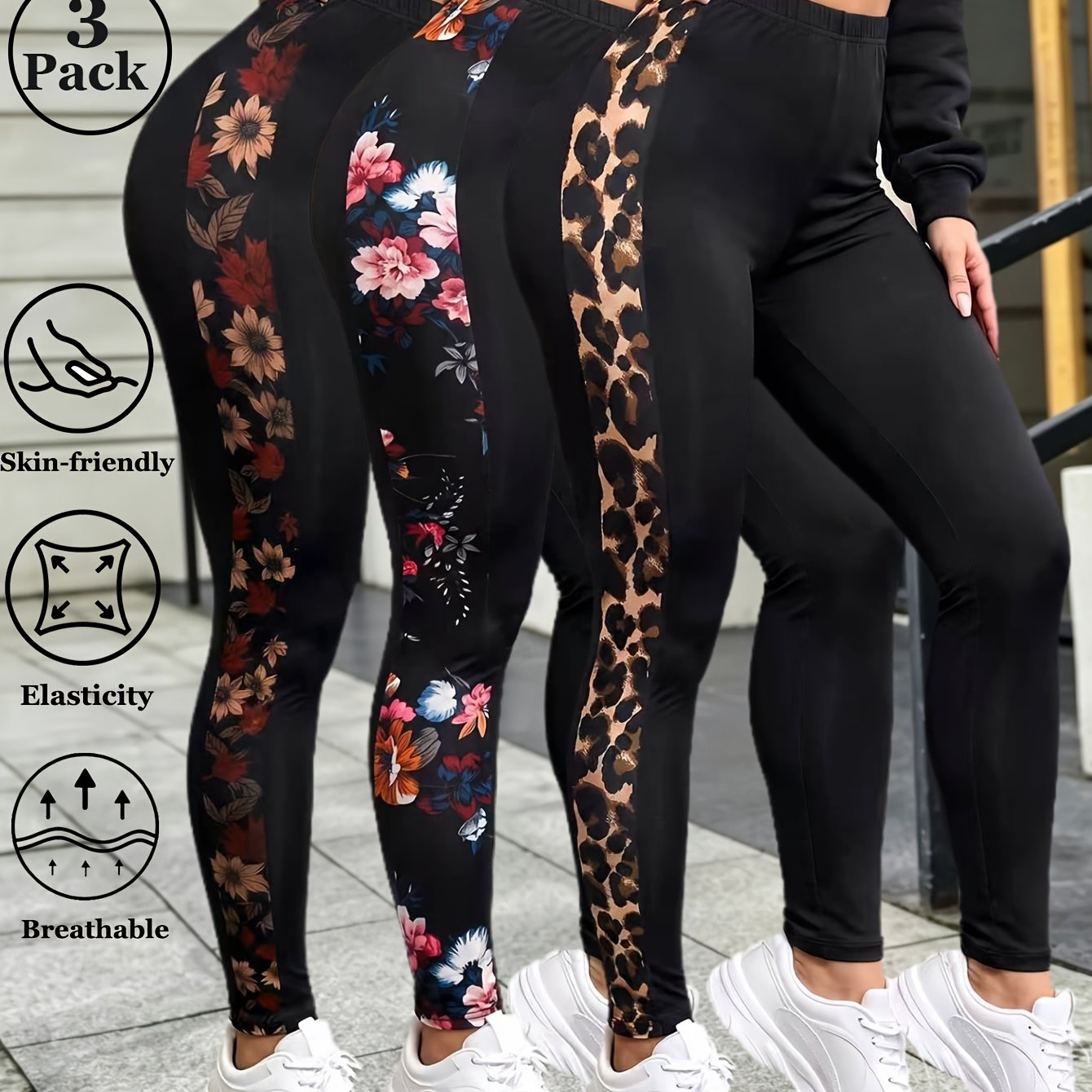 TEMU 3-pack Women's Autumn Side Leopard Print Pattern Leggings Retro Floral Long Colorful Petals Vivid Vibe Classic Wild Trendy Elastic Fabric Pants