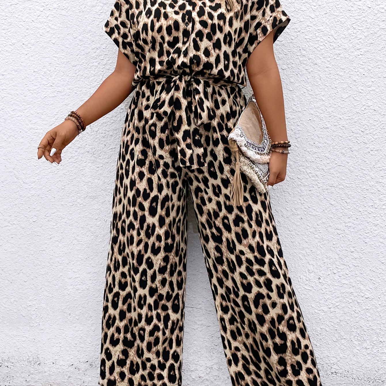 Plus Size, Plus Size Leopard Print Jumpsuit Fashion Comfortable Commuter Casual