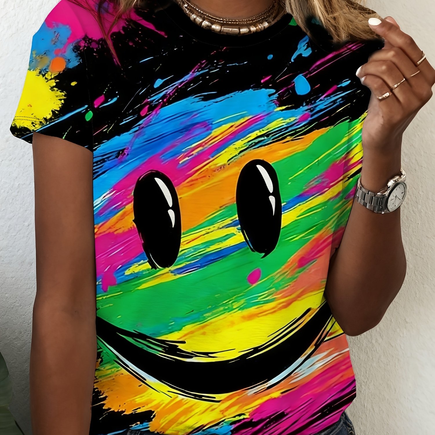 TEMU 1pc Women's Print Standard Size T-shirt, Featuring A Trendy And With Colorful Graffiti Print On Short Sleeves. A Trendy And Unique Personality,
